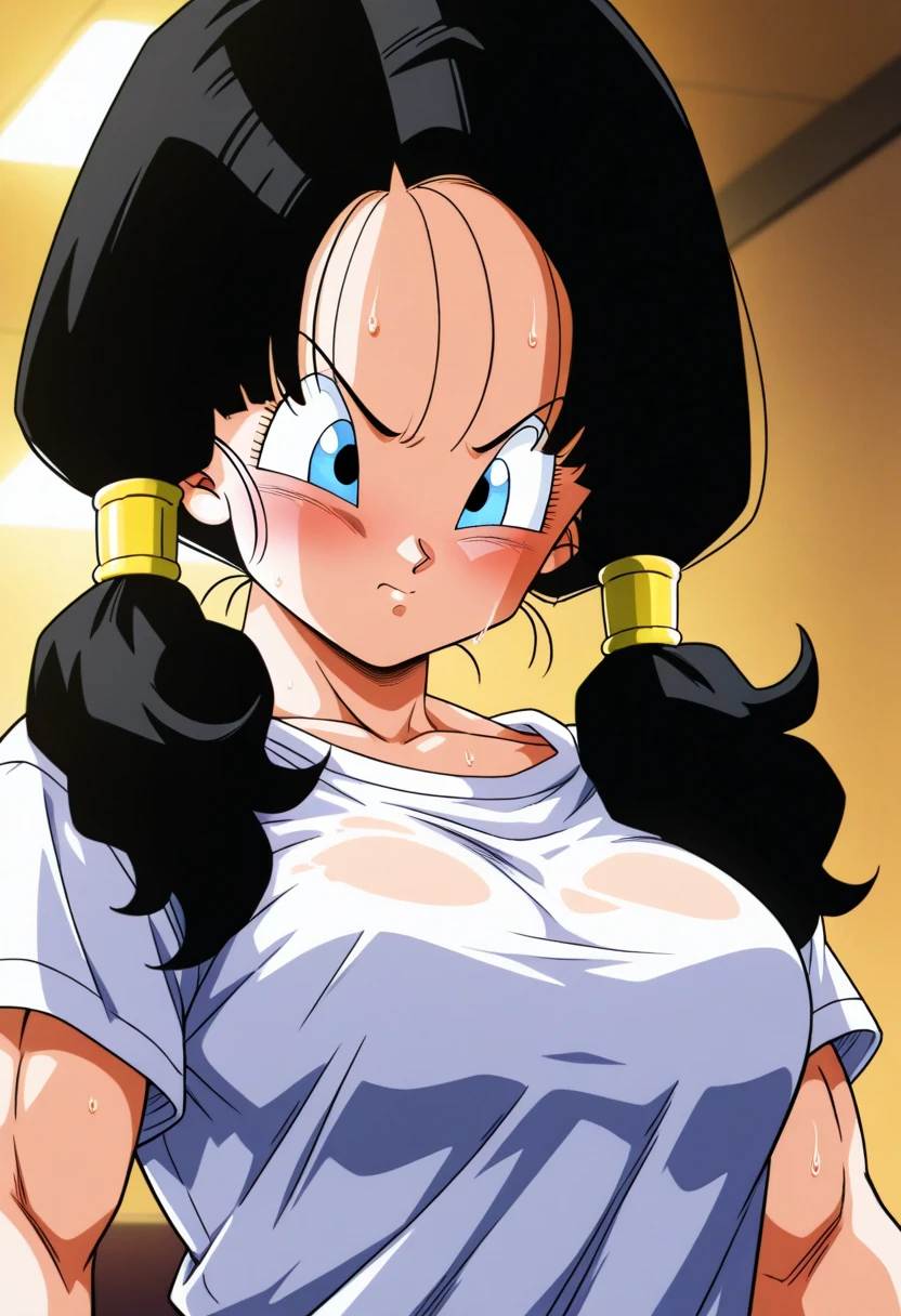 Caulifla, 1girl, solo, black eyes, black hair, black hair, bangs, hair, dragon_ball, dbz, toriyama akira \(style\), bunny suit clothes, black bunny corset,blue leggings, bare shoulders, big breast, neck bunny ring,masterpiece, best quality, 8k, detailed face, good eyes, flat color,confused body language and expression,