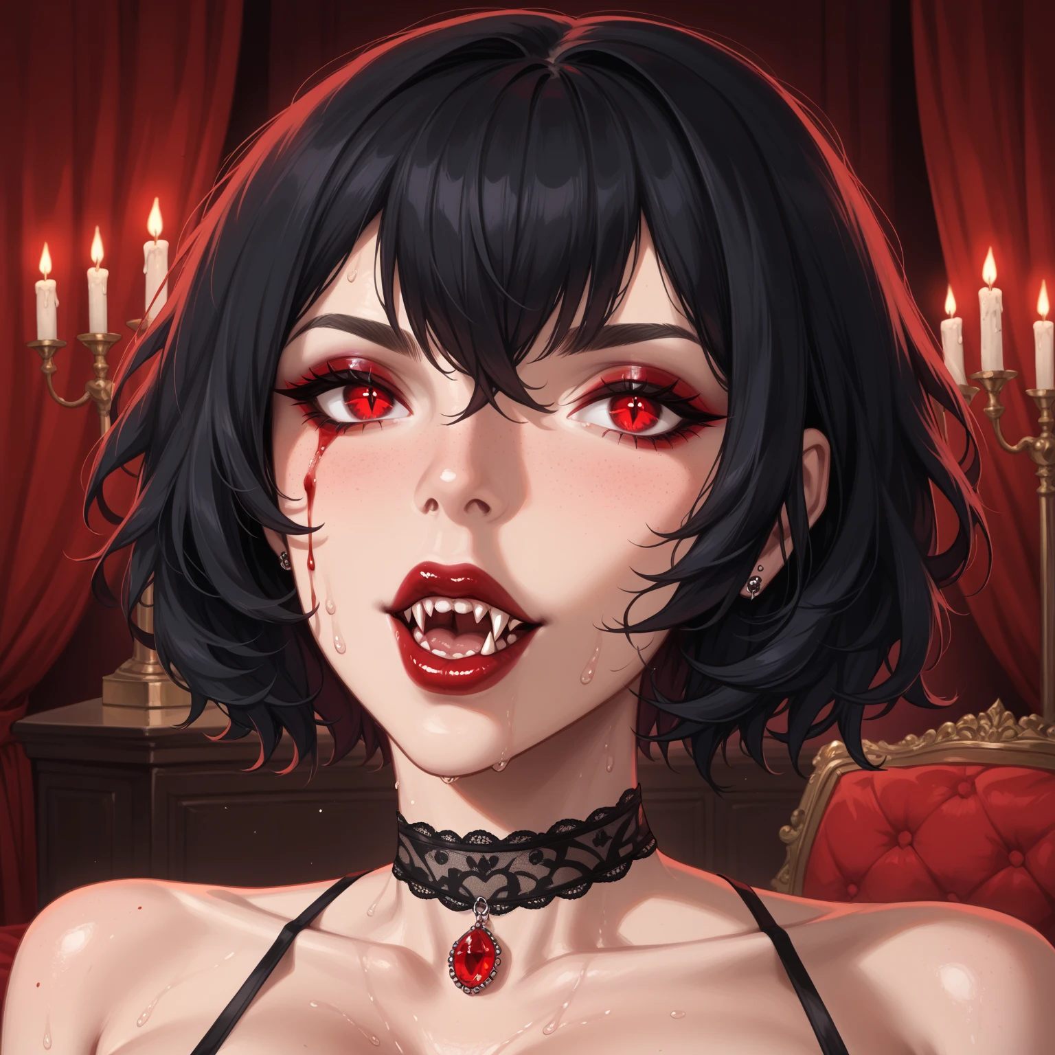 very pretty woman, vampire, blood, sharp fangs
