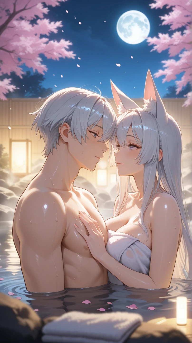 1girl, multiple boys, (completely naked:1.2, mature, blush:1.3, wild long hair:1.1, one eye ccovered bangs:1.3, sex:1.4, gangbang, double penetration:1.4), gray hair, yellow eyes, wolf ears, large breast, tomboy, wallpaper, depth of field, night, hot spring, light particles, steam, steaming body, sidelighting,