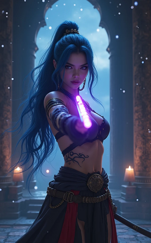 photo of a teenage woman casting a magic spell, detailed eyes, curvy, hip focus, crop top, ((red skirt)), navel, wavy blue hair, hair over breasts, volumetric lighting, forest, night, moon, owl, angry, yell, scream, necklace, (torso pattern bodypaint), glowing eyes, glow, (((absurdres))), ((extremely detailed CG unity 8k wallpaper)), ((masterpiece)), (best quality), (extreme details), detailed background, [realism], front lighting, vibrant, balanced composition, by Toei Animation