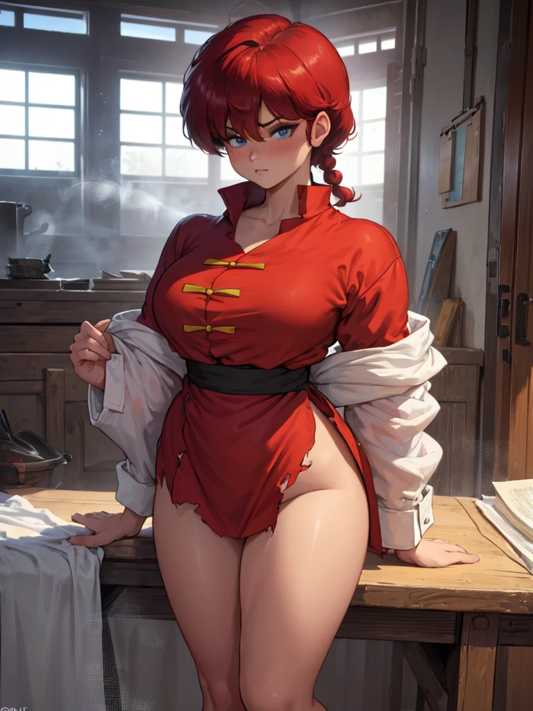 1 Beautiful Girl, Ranma, Braided Ponytail, Redhead, (chinese garment:1.4), Ranma Chan, (Red Chinese Lucky Jacket:1.7), 15-year-old girl, (blush), masterpiece, highest quality, High resolution, (40 year old mafia man, penis:1.4), Perfect limbs, ((((penis enters vagina)))), behind, Spread your legs, Beautiful depiction of the vagina, ((Binding, Arms behind your back:1.47)), ((Restrained by rope)), Beautiful girl fucks a guy