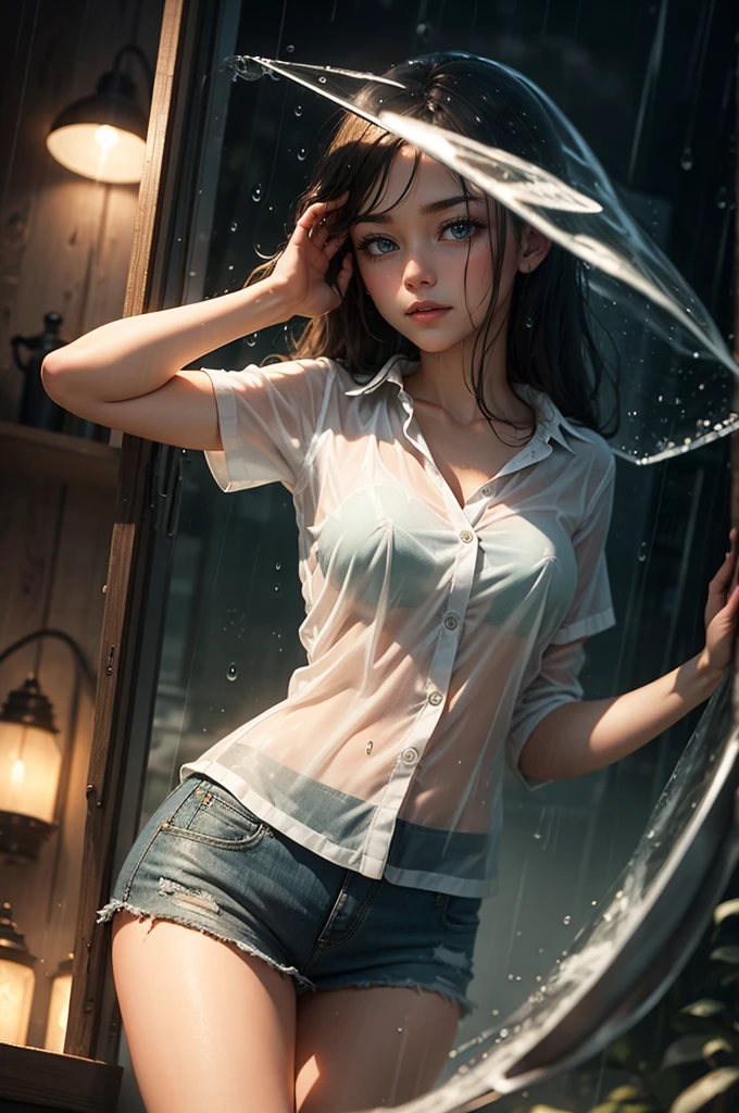 best image quality, masterpiece, super high resolution, (fidelity:1.4), photo, 1 girl, white shirt, torn jeans, white sneakers, dim, darkness, despair, pity, poor, movie, tears, teardrops, (torn clothes:1.5), (wet clothes:1.4), bare shoulders, real rain, wet hair,..