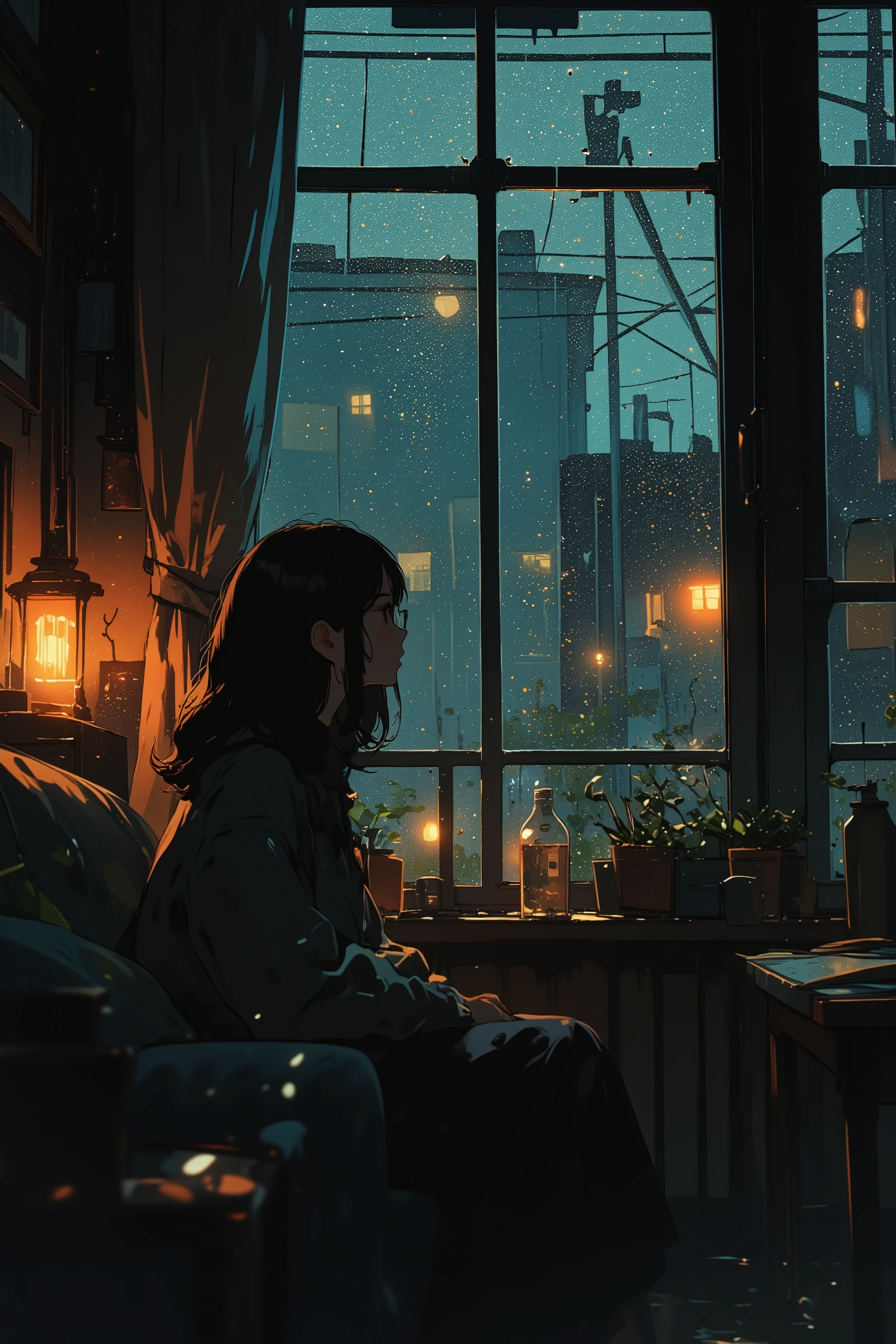 viewed from outside through a rain-covered window, looking into a warm room where a woman with glasses sits quietly near the window,
the glass is covered in detailed raindrops and water trails, with soft reflections and tiny distortions of the woman and room behind the glass,
some droplets glow faintly in the light, others blur the view slightly as they streak down, enhancing the rainy and introspective mood