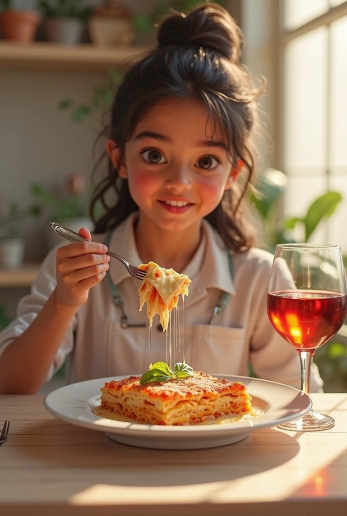 (Desenho estilo pixar) Alice, a three year old girl with curly hair, radiant dark skin and a charming smile that lights up any room. eating sweets in the kitchen at home