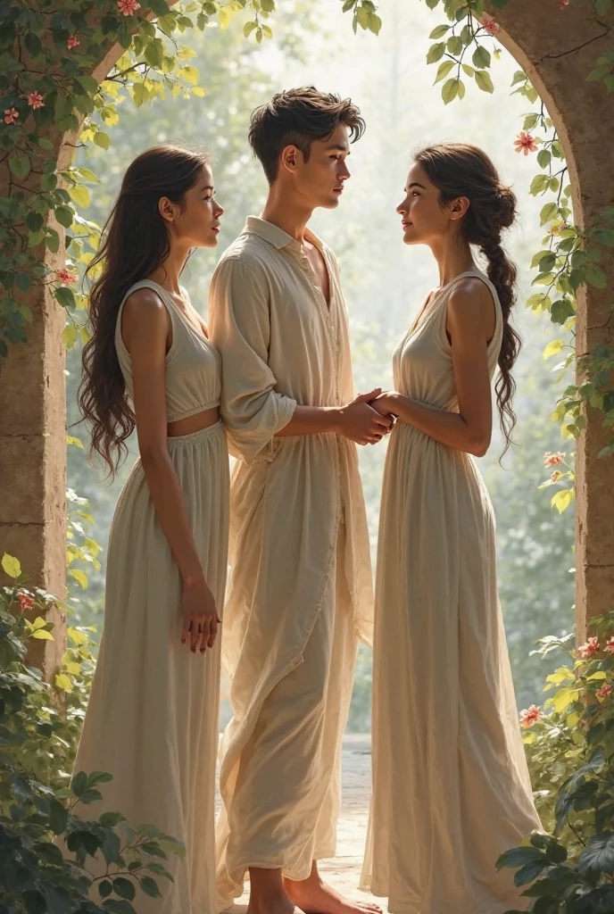 ((hyper realistic)), (masterpiece), (5K), (best quality), detailed, (perfect face), ((A young couple with gray hair)), (she has a long, flowing gray hair), (she has fair skin and brown eyes), (she is wearing a flowing green dress), ((he has short, silver hair)), (he has fair skin and piercing blue eyes), (he is wearing a regal prince's outfit), ((They are walking together in a romantic pose)), ((Walking side by side)), (A soft, moonlit night at background)