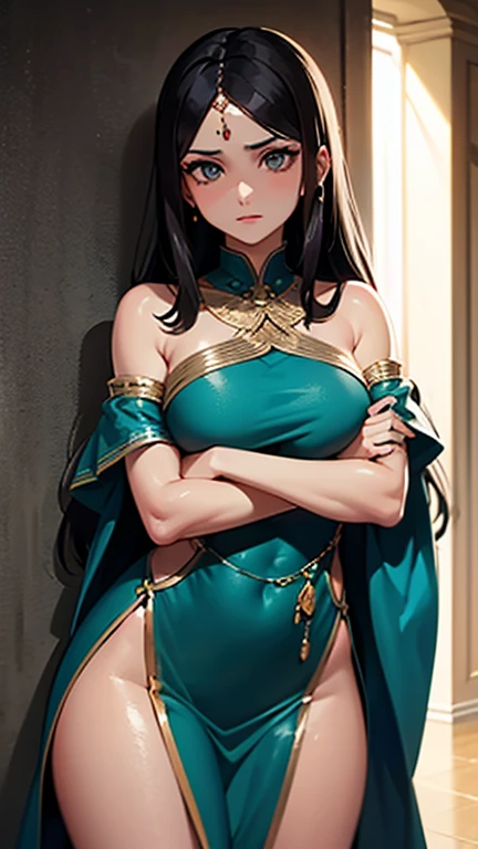 (masterpiece, Best quality, a high resolution, ultra detailed),(Beautiful and aesthetically pleasing:1.2), detailed eyes and face, whole body, 1 woman, adult, (black long hair), (green eyes), female body, Beautiful body, perfect body, harem suit, belly dancing costume, harem, dancer, sandals, belly dance
