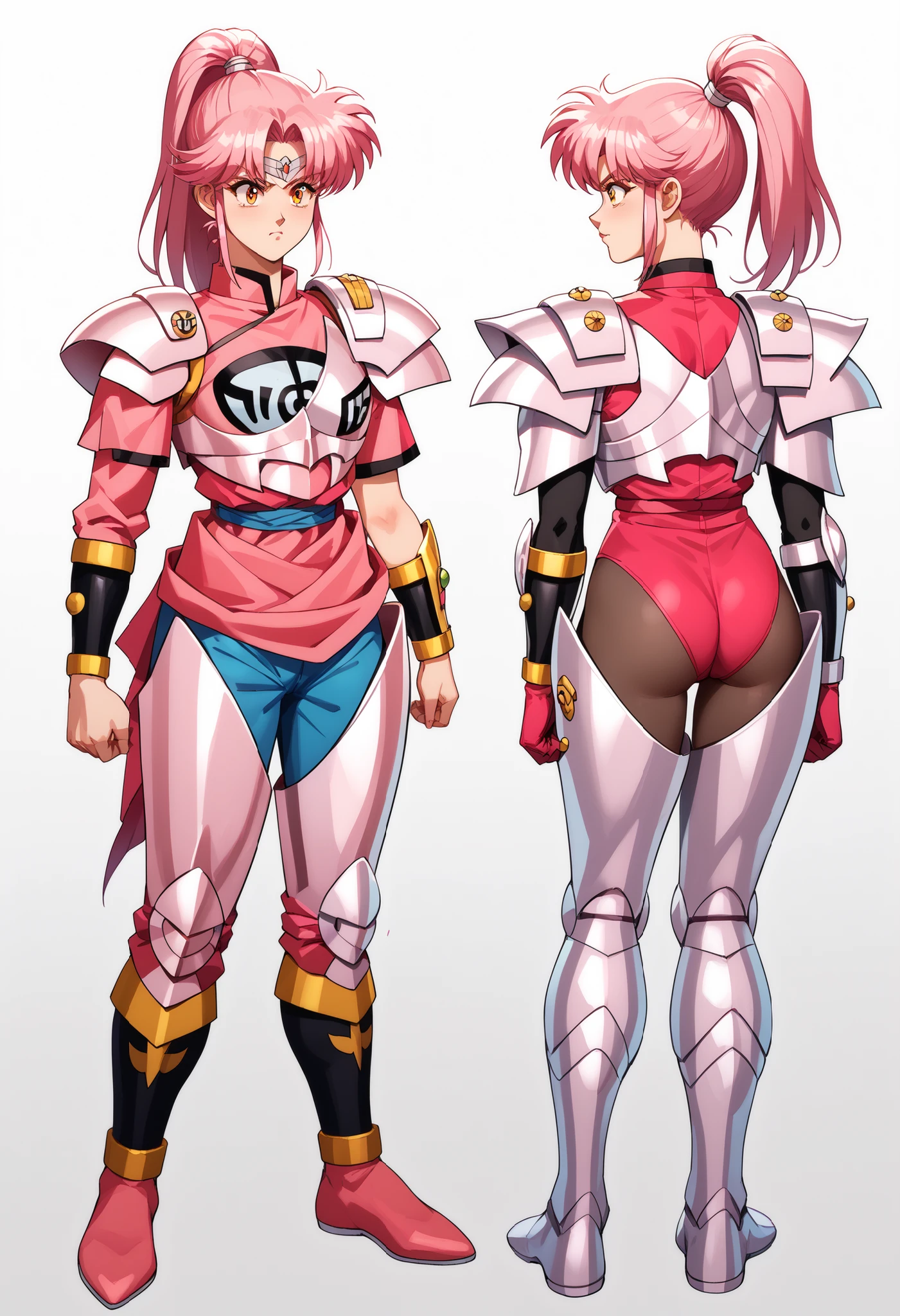 score_9, score_8_up, score_7_up,anime coloring,BREAK,retro artstyle,1980s style,dai no daibouken,1girl,armorMaam, pink hair, orange eyes, ponytail,full body,BREAK,(armored dress, pink armor, armored legwear, single gauntlet),BREAK,multiple views of the same character,model sheet,chatacter sheet,forward view,back view