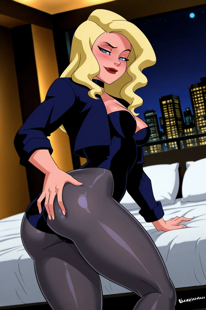 Black_Canary_JLU, ((long blonde hair, glowing blue eyes, lipstick, makeup, narrow waist, skinny, medium breasts, alone)), pelvic curtain, ((black panties, black bra, Blue jacket)), full body, perfect body, (insanely detailed, beautiful detailed face, masterpiece, best quality) , (((solo))), (((1girl))), (((mature))), (extremely detailed 8k paper CG wall unit: 1.1), (bed, bedroom, dusk), (smile face for the viewer), sitting, squating,  looking down, look at the viewer, from below