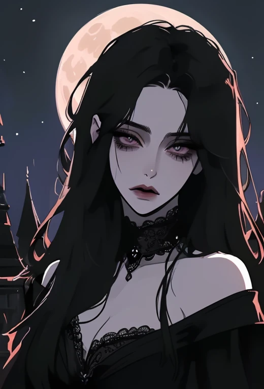a woman sitting on a chair with bats around her head and a full moon behind her, with bats flying overhead, Chizuko Yoshida, anime art, a character portrait, gothic art, noisy