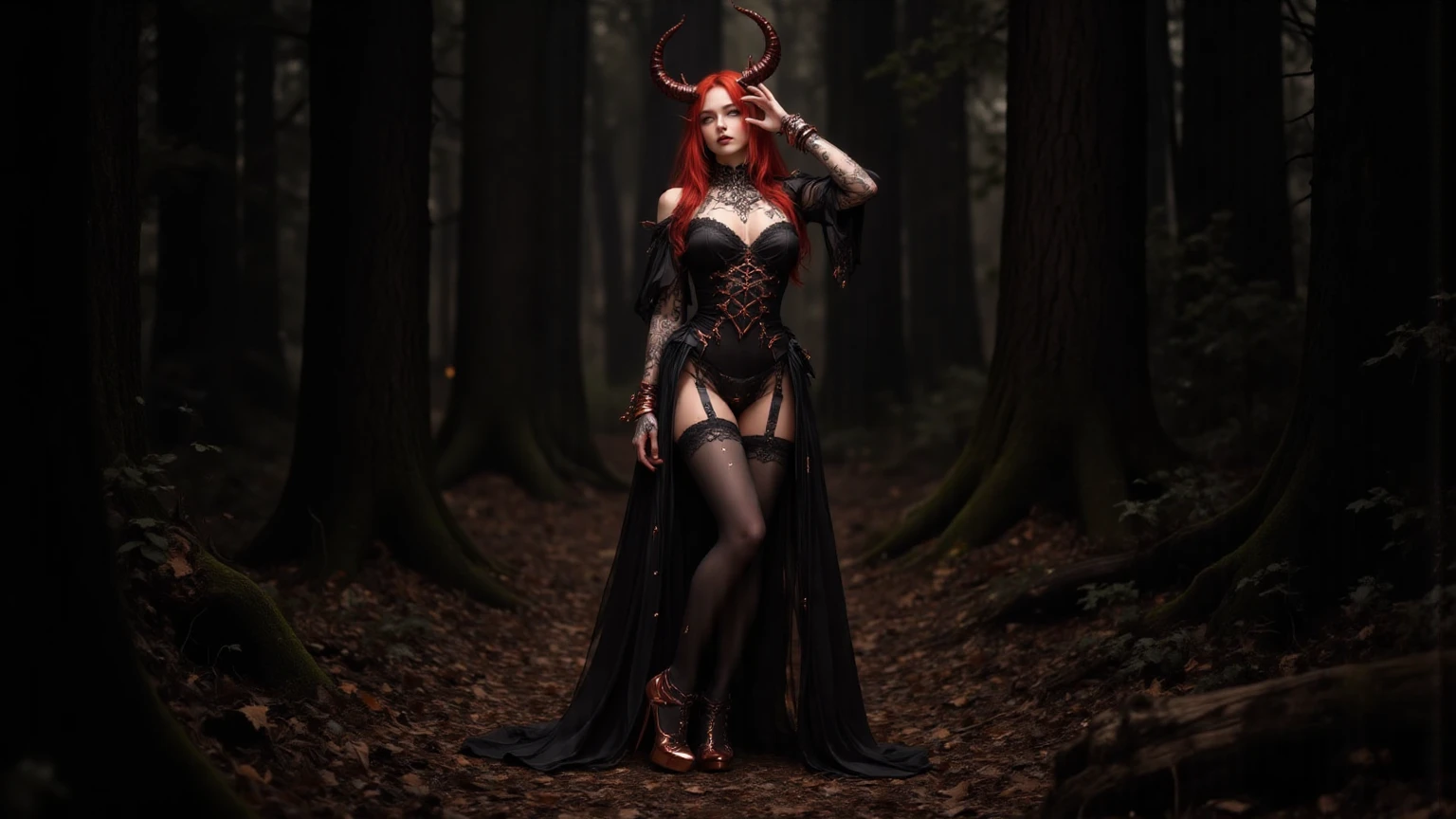 A real photo of a beautiful red head curvy woman with long wavy windblown hair, feirce, riding a giant scary black scorpion, wearing a lacey goth scorpion inspired outfit, set up in a dark, foggy scene, the photo exudes beauty and power, stares at the camera with her charming glance, instantly hypnotizing the viewer, cinematic effect, fantasy gore, grunge filter, horror special effects, the moon illuminating her pale skin, depth