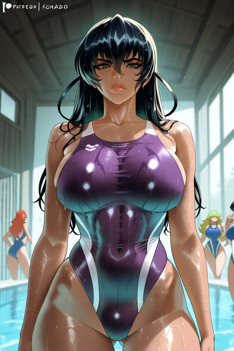 (melhor qualidade:1.3), (qualidade 4K), Blackfire by teen titans, ((face detailed)), ((body curvy)), ((blush)), (peitos), ((purple hair long)), sexy, ((body suit cleavage)), ((pool)),