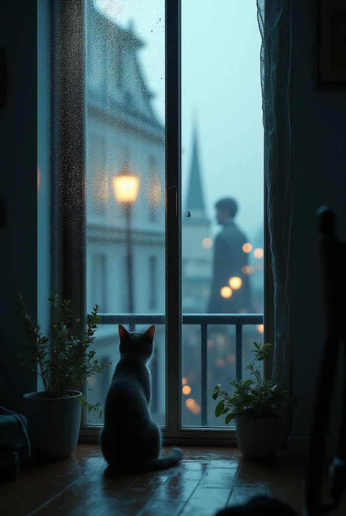(best quality,8k,highres, masterpiece:1.2),(realistic:1.37),ultra-detailed, HDR, UHD, studio lighting, ultra-fine painting, sharp focus, physically-based rendering, extreme detail description, professional, bokeh, portraits, concept artists, dramatic lighting,(no humans,rear view), The window in the rain, glass fogged with steam, raindrops trickling down the outside glass, a cat staring at the fogged glass, the silhouette of a figure visible beyond the glass,