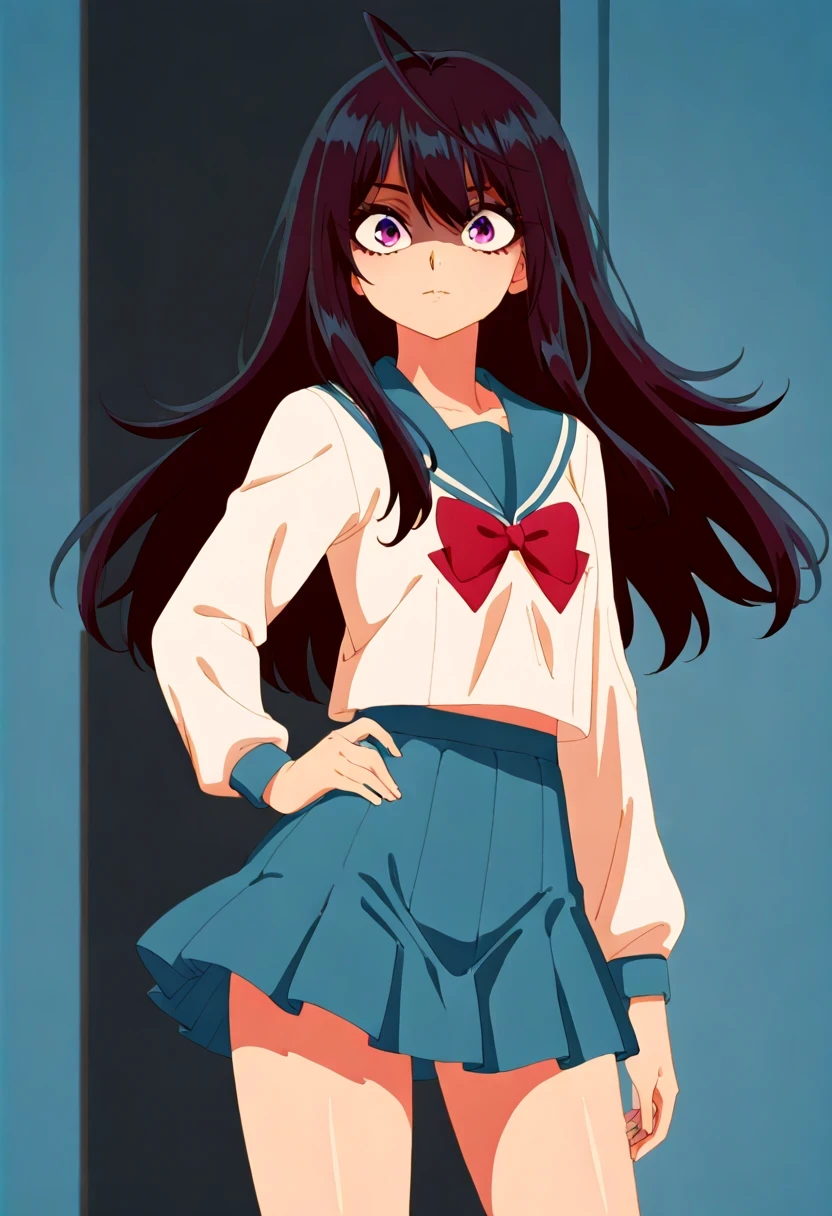 (1girl:1.5),
masterpiece,highest quality,Super detailed,32K,High resolution,an extremely delicate and beautiful,Official Art,Perfect Anatomy,
(Contrasting colors,octane rendering,Fully painted,anime coloring,anime screencap,Cel-shaded anime,retro artstyle:1.1),
perfect face,ultradeTailed eyes,beautiful,sexy,supermodel,athletic body,shiny skin,Dramatic light,(scale to fit the dimensions:1.2),(slightly narrow eyes:1.3),
yonagi_kei,purple eyes,black hair,long hair,ahoge,school uniform,serafuku,red bowtie,white shirt,long sleeves,pleated skirt,