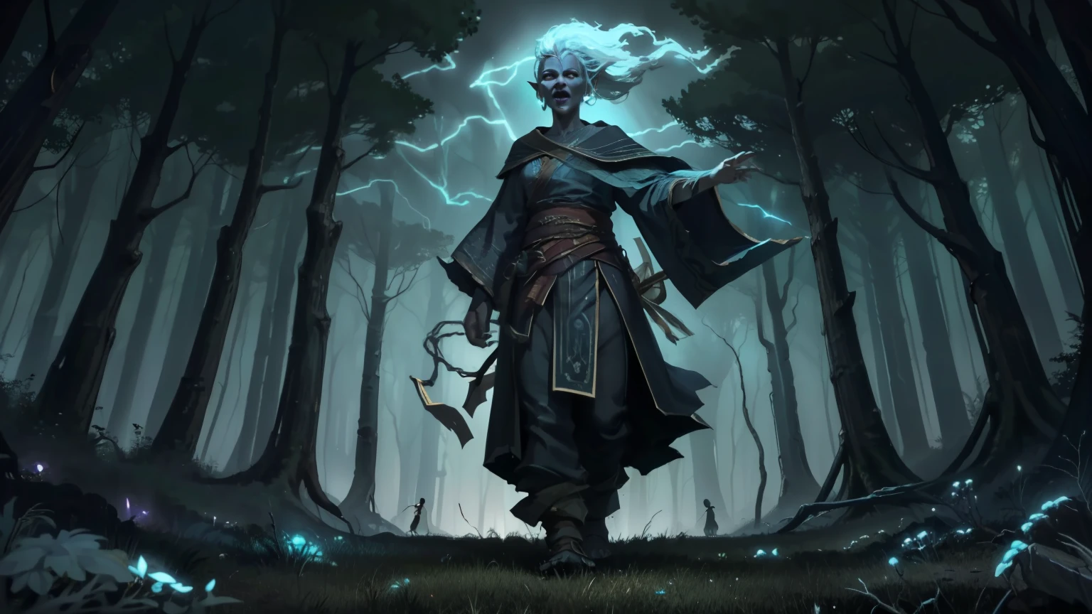 (dark and detailed digital art), deep and ancient elven forest, titanic trees with trunks fans who cry blue light, huge roots covered with ice and bioluminescent fungi, dense fog creeping across the ground, translucent spirits wandering among the branches like living lanterns, luminescent creatures with empty eyes walking silently through the woods at night, five African-descendant elves — men and women — gathered around a magical bonfire that shines in shades of blue and violet, laughing and sharing food, elven costumes with tribal details and enchanted fabrics, braided hair and natural adornments, warm and serene expressions, mystical and welcoming atmosphere, contrast between the cold of the forest and the heat of the interaction, (cinematographic quality), (High Dark Fantasy), (obra-prima), (landscape rich in details), (dramatic light and shadow), (subtle magic in the air)