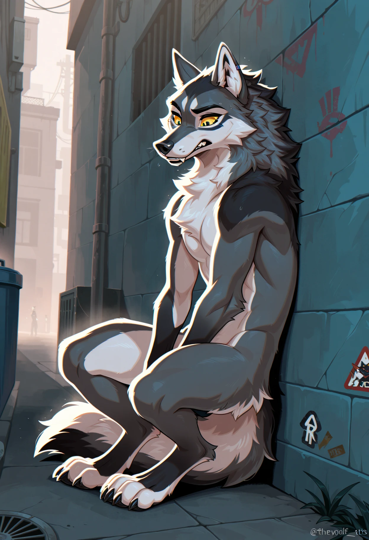 Solo, male, standing, short, weak, pathetic, slim, skinny, by bebebebebe, by schmutzo, canine, ((snout, hair)), street, big penis, (((canine penis, knot))), nude