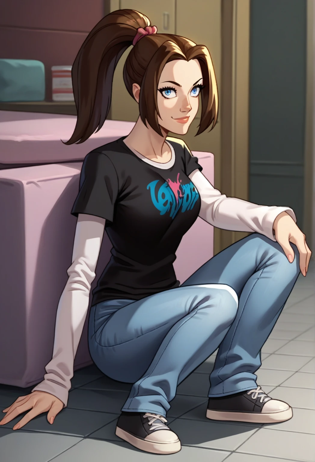 1 female, ONE PIECE STYLE, small kid dog girl, realistic lips oversized white t-shirt going all the way to the thighs, arms crossed propping up breast, hourglass figure, cat ears, in an apartment, sigh, light brown hair, purple eyes, laughing, best quality.