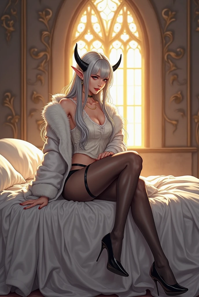 chica con cuernos y vagzones eello blanco, traje de ninja ajustado