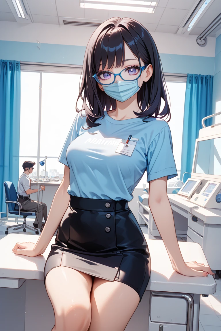 1 woman, 17 years old, (Korean Wolf Cut haircut, black hair), scared face expression, plump body, blue eyes, Indonesian high-school uniform, (wearing transparent white shirt, showing bra), osis logo on shirt pocket, huge XL breasts, light-grey pleated skirt, sitting on a chair, seductive pose, full body shot, smiling, in the classroom, wearing a mask (white surgical mask, surgical mask fit his face:1.2).