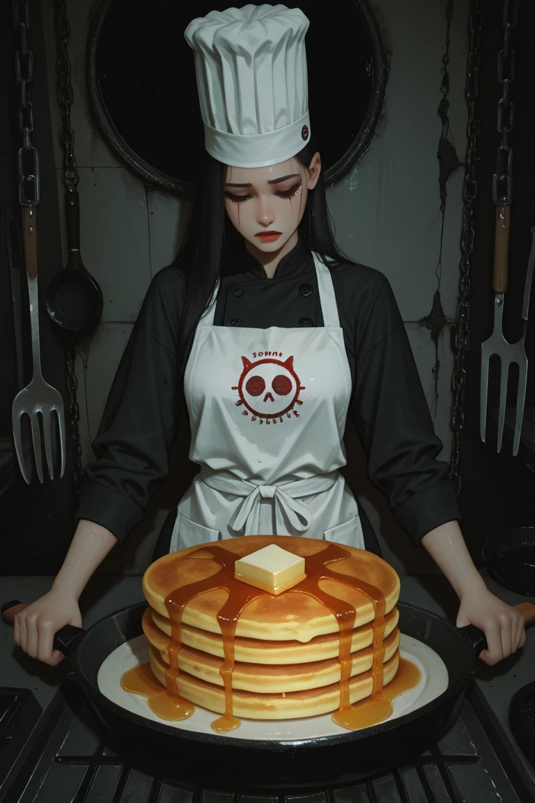 Donna,eye tumor,right eye injury, long black dress, long sleeves,looking at viewer, smiling, happy, teeth, standing, upper body shot, inside kitchen, holding a bowl of soup, ramen, dark, night time, high quality, masterpiece, <lora:donnabeneviento:.8>