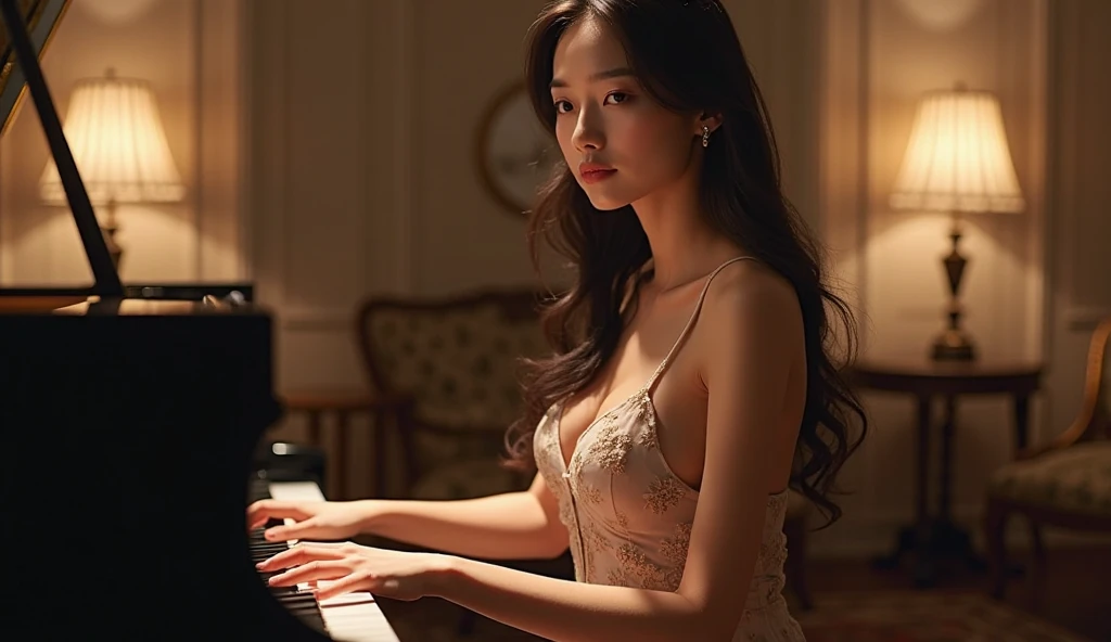 (1 female)、Highest quality、masterpiece、Ultra-high resolution、(Photographic realism:1.4)、Original photo,there is a woman that is playing a ピアノin a room, playing piano, orchestra, Members of the music troupe、Philharmonic、Standing in a beautiful and bold lace dress、Her chest is exposed、Nipples are visible、straight, Black Hair、Delicate hair details、In front of a large audience, Beautiful Asian Girl, serenity and elegance, Great composition,