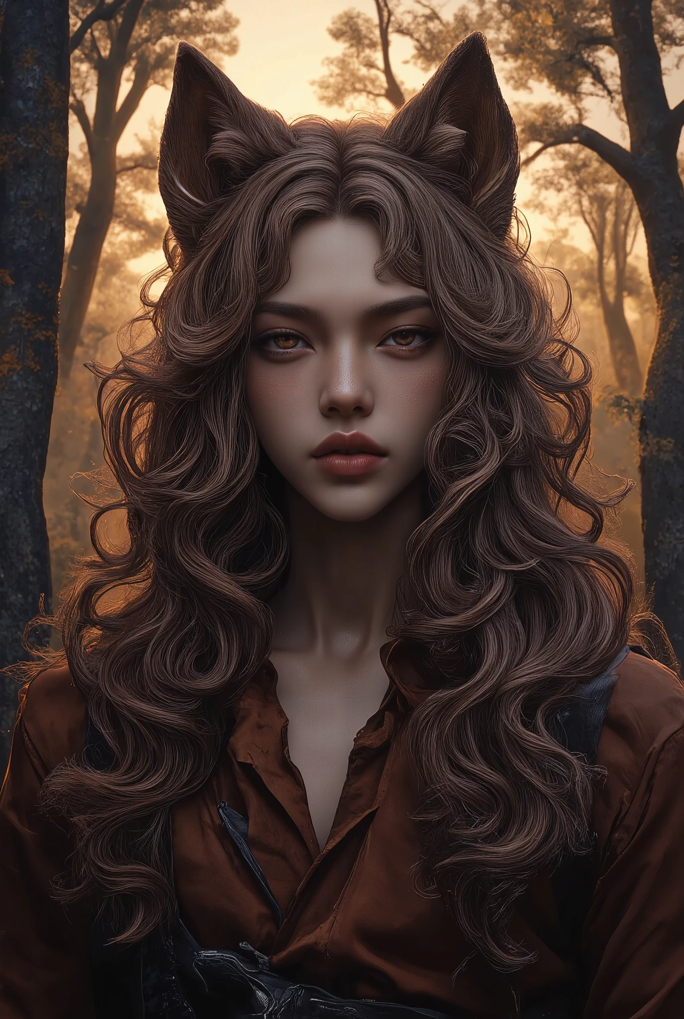 a Masterpiece, zoomed out, face facing the front of the camera, body facing camera image of a Man with brown toned skin, no facial hair, he has very long thick wavy waist length hair passing down his back and it’s light brown hair parted, very thick hair with some curls in the end of his hair, human striking facial feminine features include sharp cheekbones, juicy lips, and brown eyes, he has small brown wolf ears, jaw dropping beauty with perfect cuteness face, wearing  brown outfit  with Chocker, the brown shirt  is showing his elegance.  He’s looking at camera and a sunny background  forest, with trees is behind him (in the sunny Forrest :1.6)), the Forrest background   with multiple green trees emphasizing their surreal and otherworldly appearance, fantastical and hyper-realistic, blending elements wild sexiness and mythological elegance, hyper realistic, anatomically correct, cinematic color grading, nq