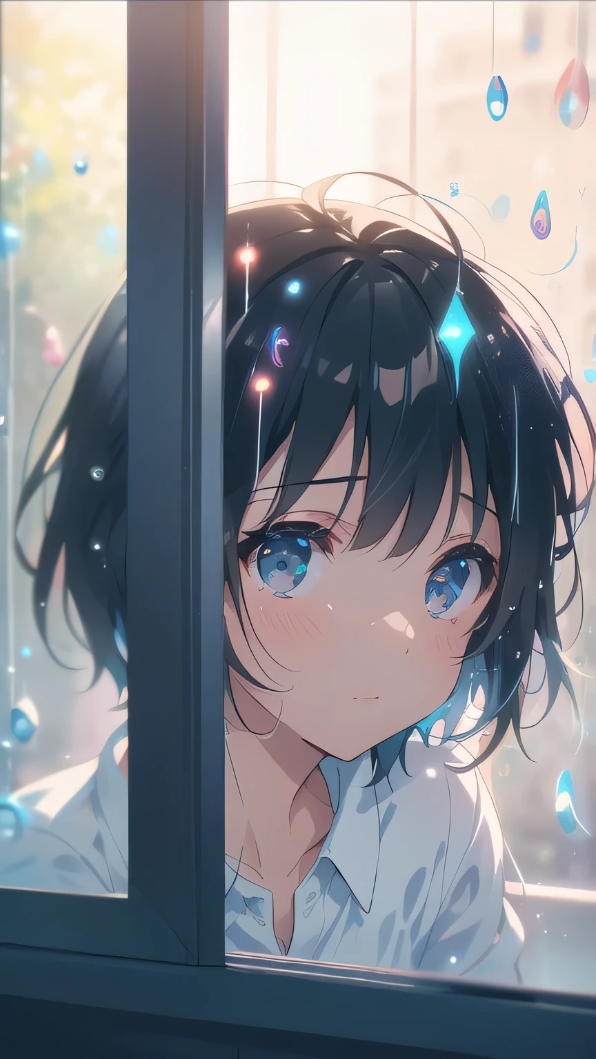 depth of field, Bokeh, Light Leak, ( Chromatic Aberration:1. 2) in their 40s (raindrops on the window) Black Eyes