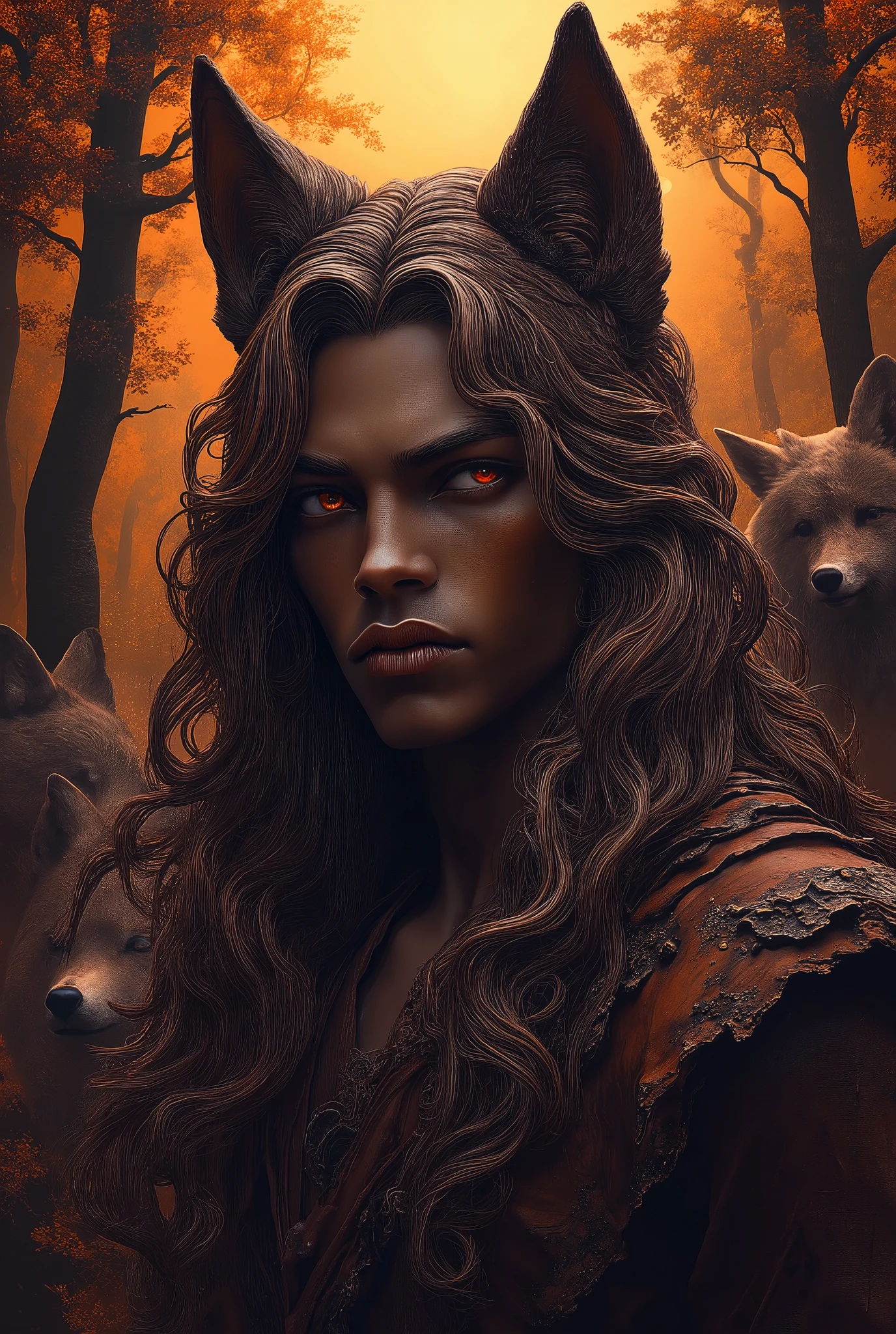 a Masterpiece, zoomed out, face facing the front of the camera, body facing camera image of a Man with brown toned skin, no facial hair, he has rapunzel like hair it’s very long thick wavy waist length hair passing down his back and it’s light brown hair parted, very thick hair in the end of his hair, human striking facial feminine features include sharp cheekbones, juicy lips, and brown eyes, he has small brown wolf ears, jaw dropping beauty with perfect cuteness face, wearing brown outfit with Chocker, the brown shirt is showing his elegance. He’s looking at camera and a sunny background forest, with trees is behind him (in the sunny Forrest :1.6)), the Forrest background with some wolves in the very back wiyh green trees emphasizing their surreal and otherworldly appearance, fantastical and hyper-realistic, blending elements wild sexiness and mythological elegance, hyper realistic, anatomically correct, cinematic color grading, nq