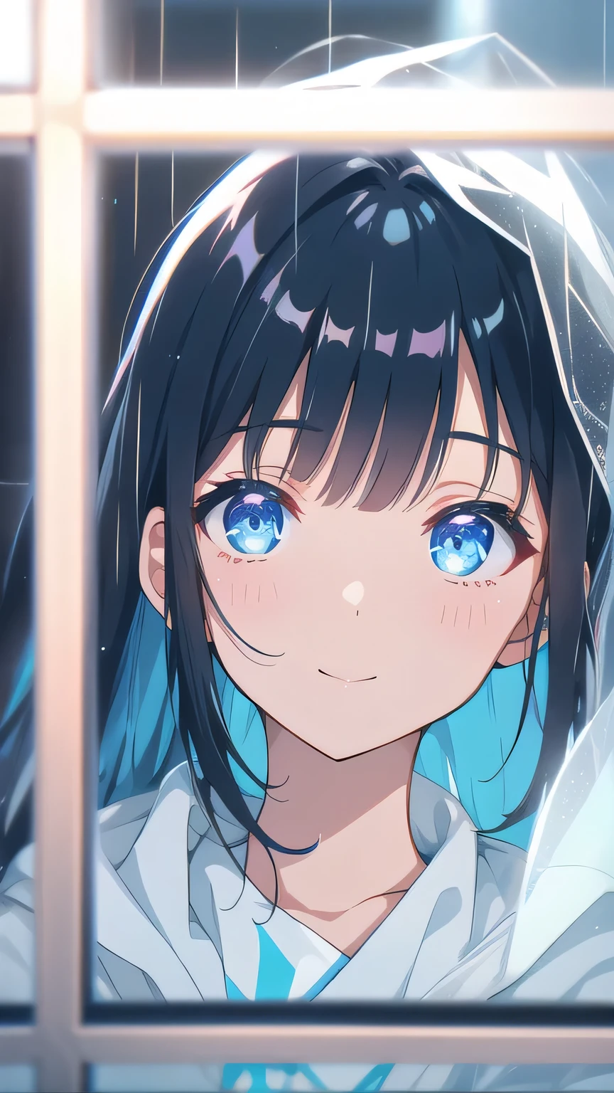 depth of field, Bokeh, Light Leak, ( Chromatic Aberration:1. 2) in their 40s (window) blue eyes black hair 濡れたwindow 雨粒ついたwindow girl The background is rain windowにうっすら彼女の影が映る