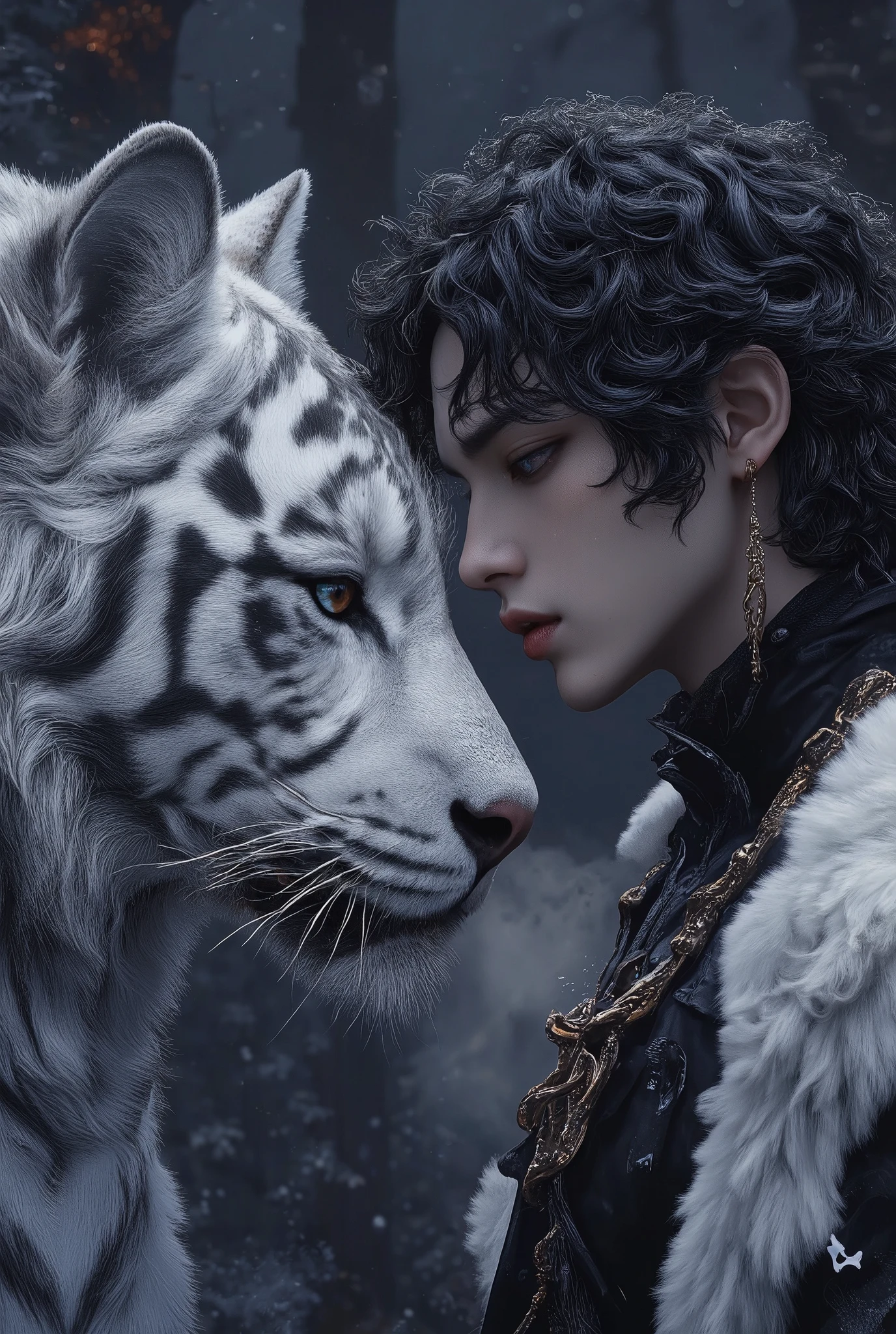 a Masterpiece, image of a two men with toned skin, both looking at each other, one man has waist length black hair while the other man has black curly hair, both striking facial features include sharp cheekbones, both juicy lips, and both brown eyes, both jaw dropping beauty with perfect cuteness face, wearing black clothing addition of wolf fur, t. Background of wolf’s behind them. He is lean to a giant white tiger, a tiger white fur and silver stripes, the tiger has striking azure eyes. they are on a forest during eclipse,,, ((forest l:1.6)), ((warm steam breath:1.4)), the snow falls emphasizing their surreal and otherworldly appearance, fantastical and hyper-realistic, blending elements wild sexiness and mythological elegance, hyper realistic, anatomically correct, cinematic color grading, nq
