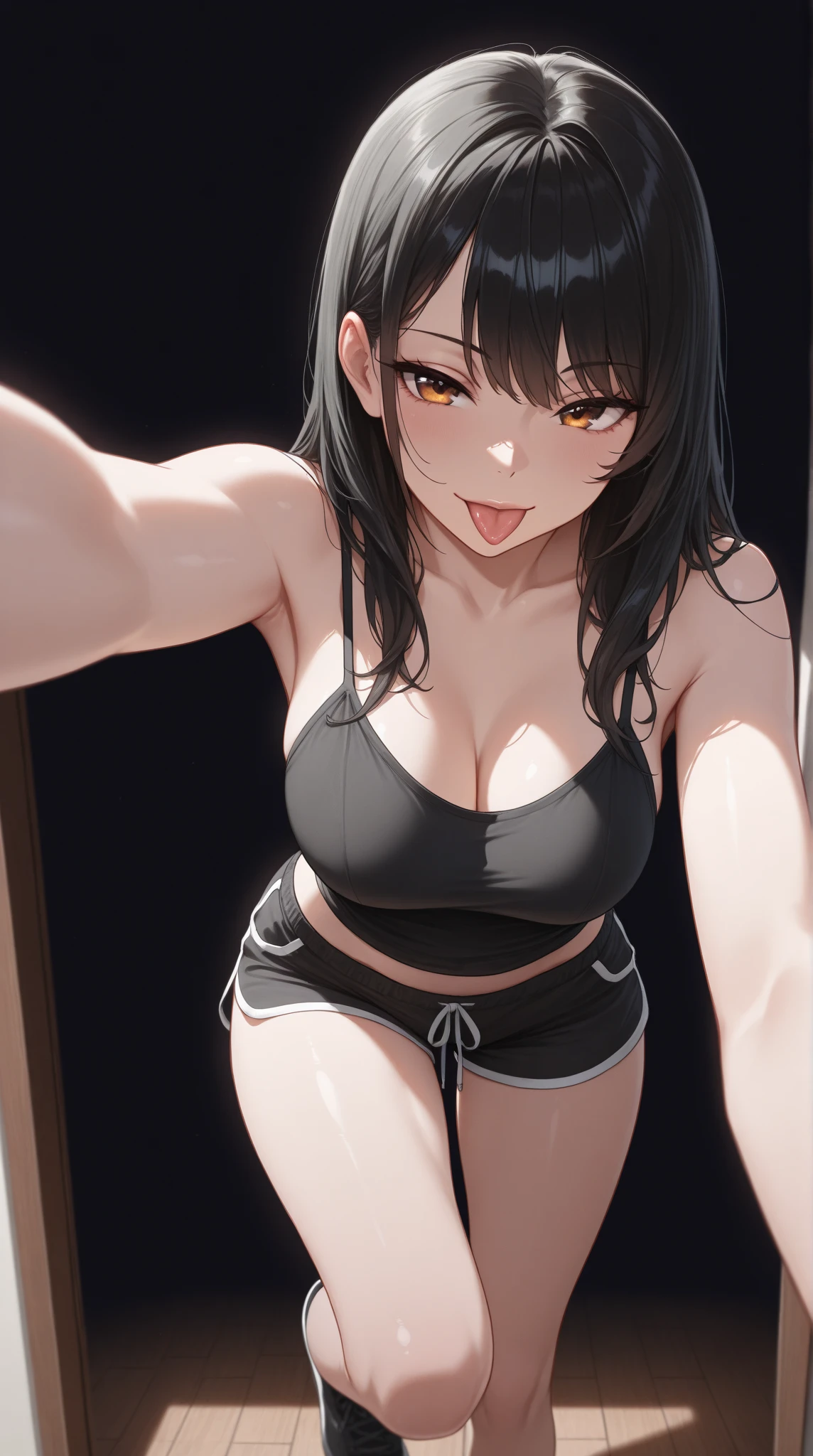 masterpiece, best quality, highres, bbyorf, short hair with long locks, white hairband, red eyes, gold earrings, large breasts, <lora:yor_forger_v1:0.8>, micro bikini, mirror, room, selfie, holding cellphone,