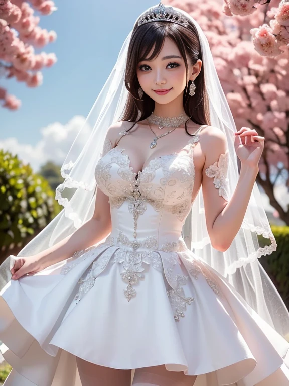 ((8K、​masterpiece、RAW Photos、Live action、best qualtiy、A hyper-realistic：1.2))、(Highest Quality: 1.2)、high-definition RAW color photography、Professional Photography、Beautuful Women、独奏、Detailed eyes and mouth、(large boob:1.2)、(Beautiful Wedding Dresses:1.3)、A charming smile、Narrow waist、Erotic、intricate detailes、(Beautiful flowers and plants and sky behind:1.2)、Beautiful lighting、Detailed mouth、Textured skin、Super Detail、high detailing、High quality、hight resolution、full body Esbian、beautiful hairl、、Fancy lighting、happily laughing、vivid、Raise your arms behind your head、armpit