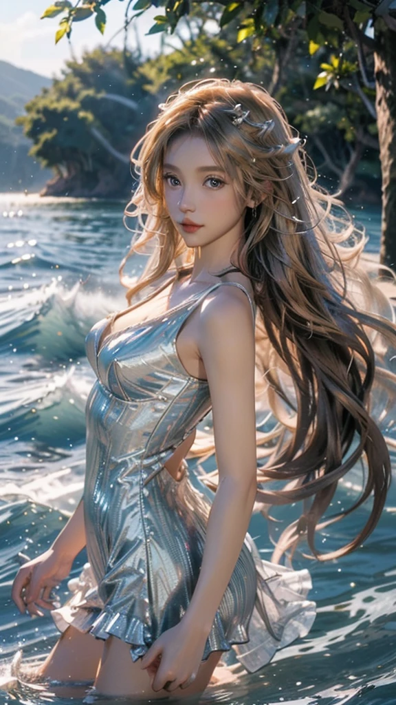 A very beautiful young woman stands in the water of a river and shouts with joy with her hands raised....... (Good Composition) (obra de arte) (Arte expresivo). (((Pechos masivos gigantes)))