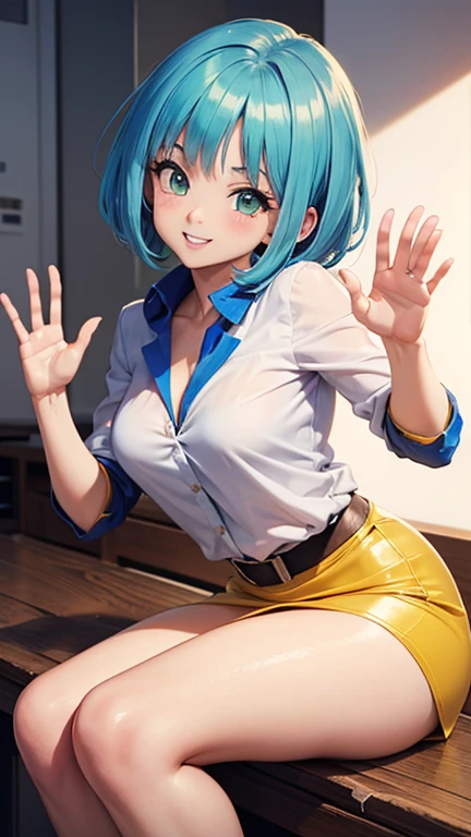 ((masterpiece,best quality)), absurdres, Bulma_DB, braided ponytail, pink dress, blue eyes, solo, smiling, looking at viewer, cowboy shot, cinematic composition,