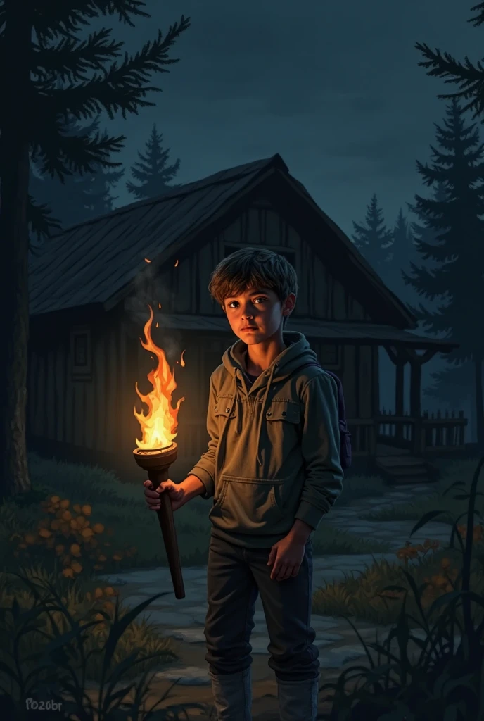 A boy with her dog with some blood in face of a boy and he is in forest with torch of fire