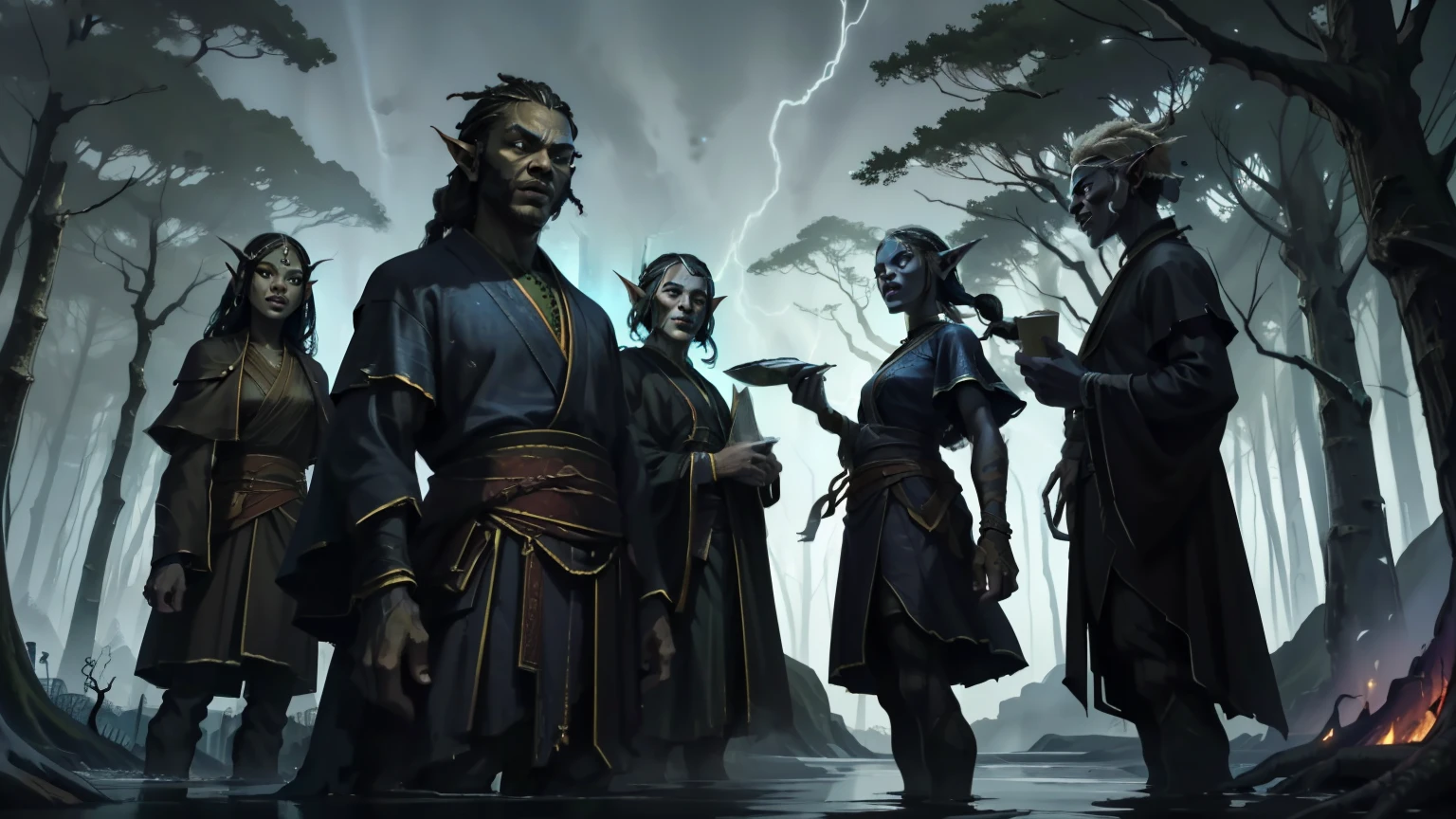 (dark and detailed digital art), ancient and deep elven forest, with titanic trunk trees shining in blue, ice-covered roots and luminous fungi, fog creeping across the floor, translucent spirits floating among the branches, magical empty-eyed creatures wandering at night. Five Afro-descendant elves — men and women united around a magical blue-violet bonfire, laughing and sharing food. They wear tribal costumes with enchanted fabrics, braided hair and natural adornments, with warm expressions . A featured elf, of African descent , with clothes made of leaves, black hair, In the foreground, with the forest and an elven city in the background. Clima frio, mystical and welcoming atmosphere, dramatic lights and shadows, subtle magic in the air, (High Dark Fantasy), (cinematographic quality), (obra-prima).