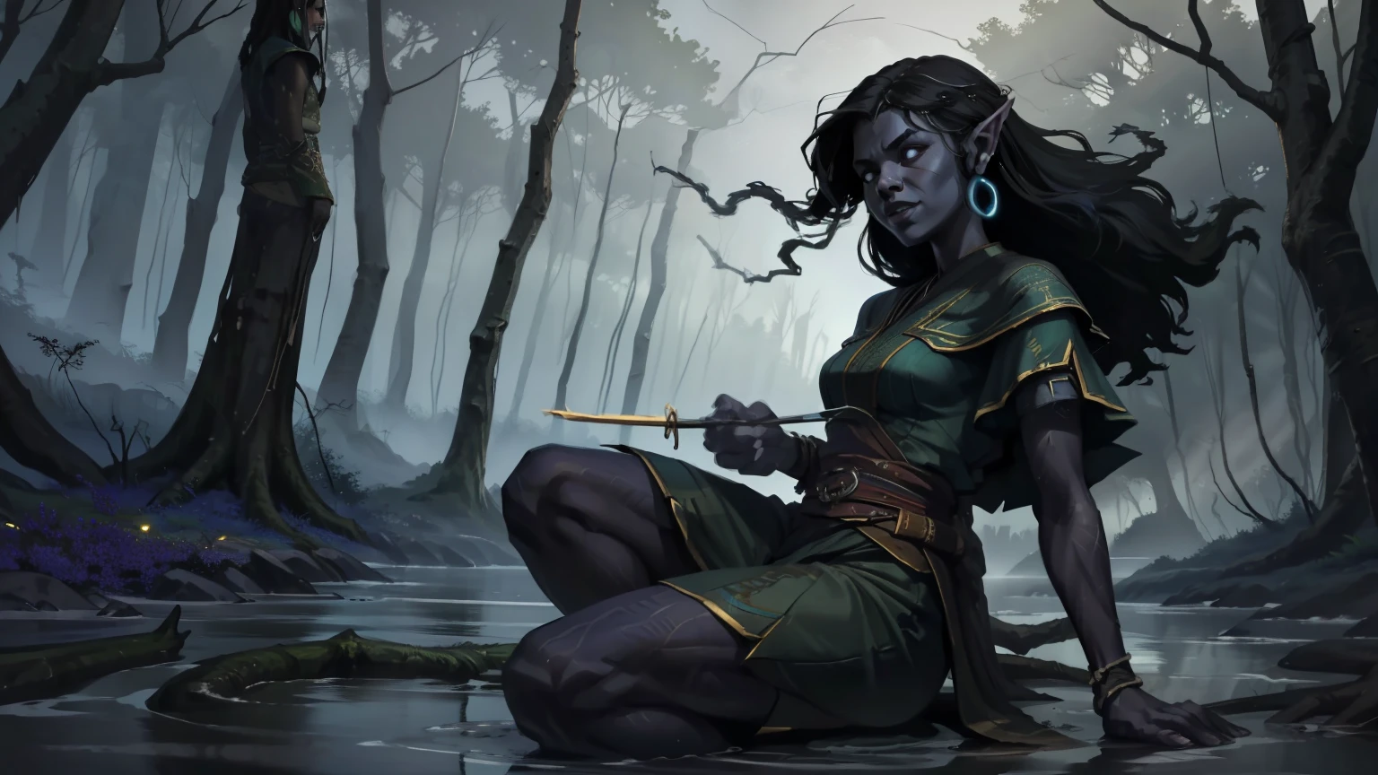 (dark and detailed digital art), ancient and deep elven forest, with titanic trunk trees shining in blue, ice-covered roots and luminous fungi, fog creeping across the floor, translucent spirits floating among the branches, magical empty-eyed creatures wandering at night. Five Afro-descendant elves — men and women united around a magical blue-violet bonfire, laughing and sharing food. They wear tribal costumes with enchanted fabrics, braided hair and natural adornments, with warm expressions . A featured elf, of African descent , with clothes made of leaves, black hair, In the foreground, with the forest and an elven city in the background. Clima frio, mystical and welcoming atmosphere, dramatic lights and shadows, subtle magic in the air, (High Dark Fantasy), (cinematographic quality), (obra-prima).