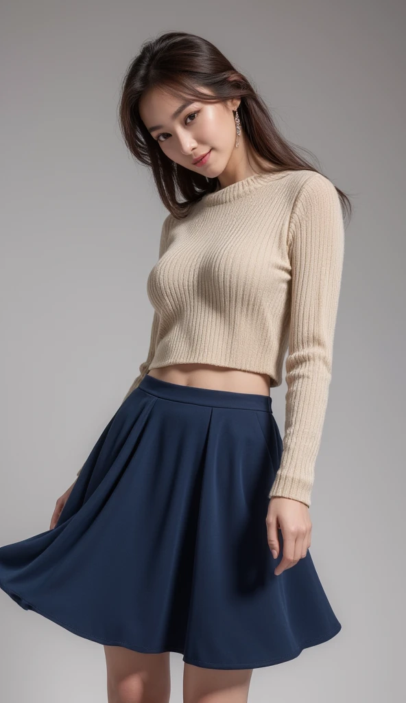 A very beautiful Japanese girl，Peaceful smile，Look at the camera，full-body shot，Short blue skirt，White clothes，hd hight details