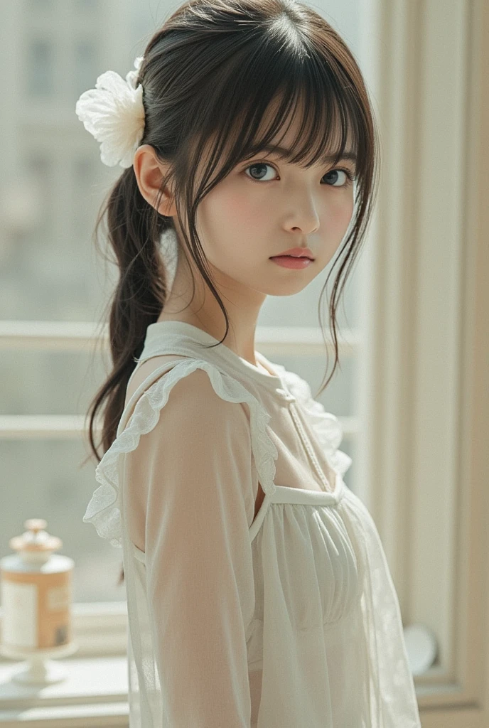 Woman sitting on chair by window, Leaning against the window, Shot with Canon EOA 6 D Mark II, Portrait Soft Light, delicate soft hazy lighting, Soft light from the window,Farbe々Put on a costume and sit on the window sill, portrait soft low light, Soft lighting and focus, beautiful soft lighting, cozy studio photography, Anime. Soft lighting、Beautiful adult woman