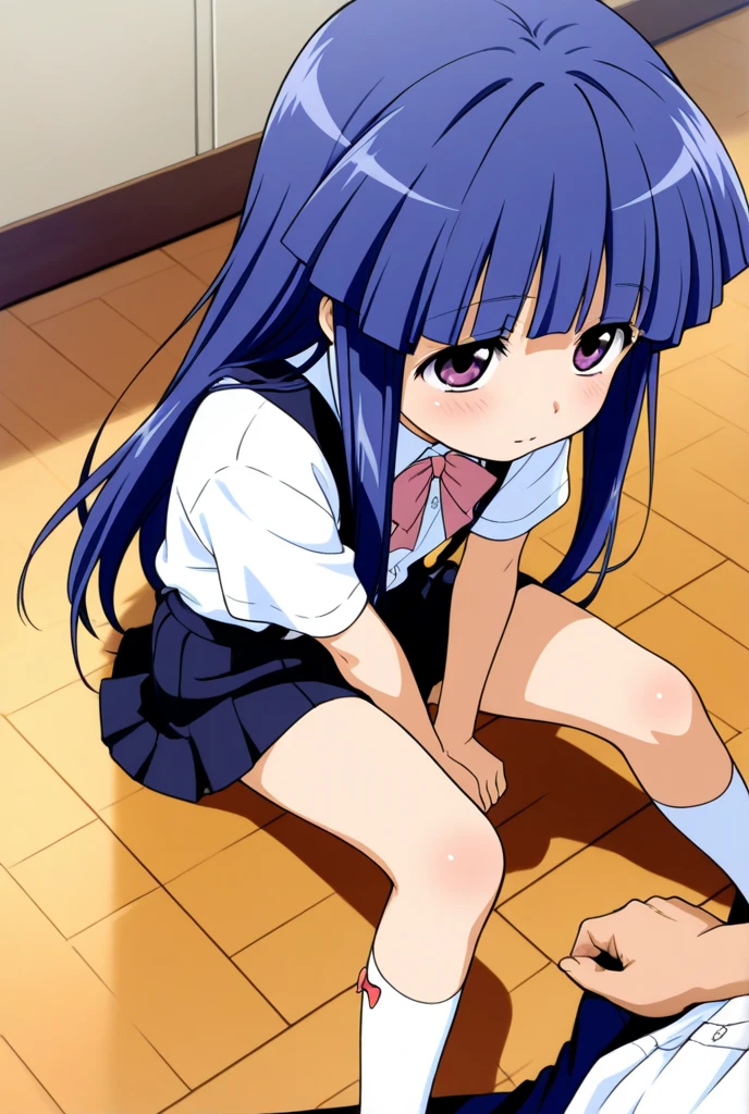 ((masterpiece, best quality)), high resolution,ultra detailed,8k,16k,detailed background, perfect lighting,detailed beautiful eyes,1girl,solo,,embarrassed,blush,look at viewer,show off pussy,(yellow peeing:1.2),(steam,sweat,from below,from front,bottomless,evil smile:1.2),seductive eyes,aroused, squatting,open mouth,paw pose,
,(pale skin,little  body,flat chest,kawaii,teenshort stature,short body,furude rika
blue hair,purple eyes,very long hair,blunt bangs),school shirt,countryside