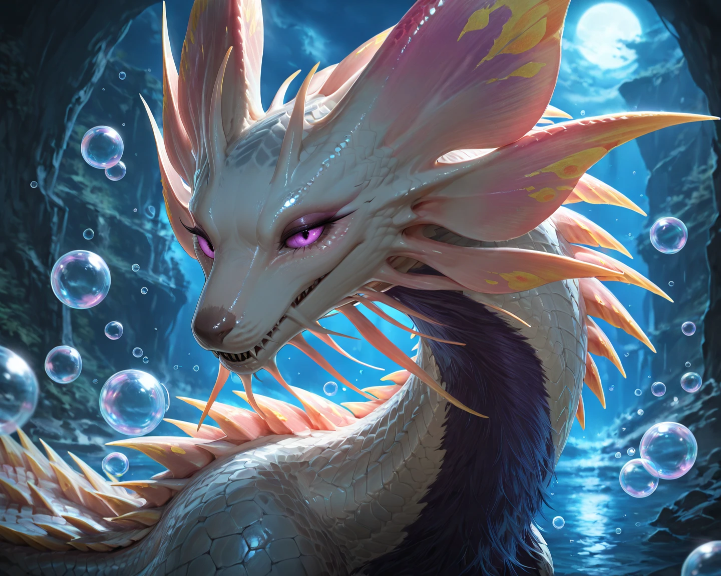 ((solo)), ((nohumans)), (monster hunter), A roar, amazing masterpiece, top quality, high fashion, absurdres extremely, close up, HDR, intricate details, very cute face, vivid colors, very cool monster, Mizutsune, midnight, fullmoonlight, bubbles, A sense of dynamism