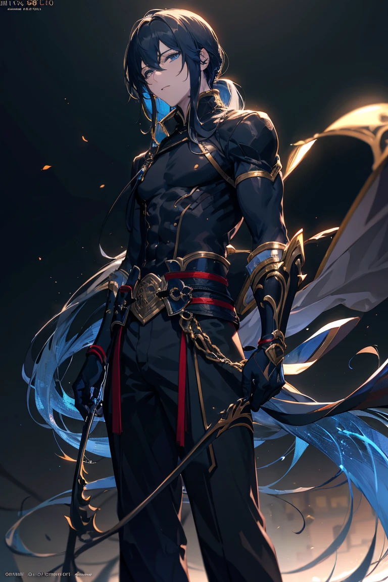 A young man with deep blue long hair, cold and resolute eyes, a slender face, handsome features, stands tall in front of a decrepit ancient city under the night sky, exudes a dignified demeanor, he wears a two-piece Western-Eastern hybrid black suit coat, matching black trousers, in each hand he holds a curved longsword emitting a faint, hazy blue glow that illuminates the surroundings, this character embodies a finely crafted fantasy-style swordsman design in anime style, characterized by a sophisticated and mature manga illustration art style, high definition, best quality, highres, ultra-detailed, ultra-fine painting, extremely delicate, professional, anatomically correct, symmetrical face, extremely detailed eyes and face, high quality eyes, creativity, RAW photo, UHD, 8k, Natural light, cinematic lighting, masterpiece:1.5