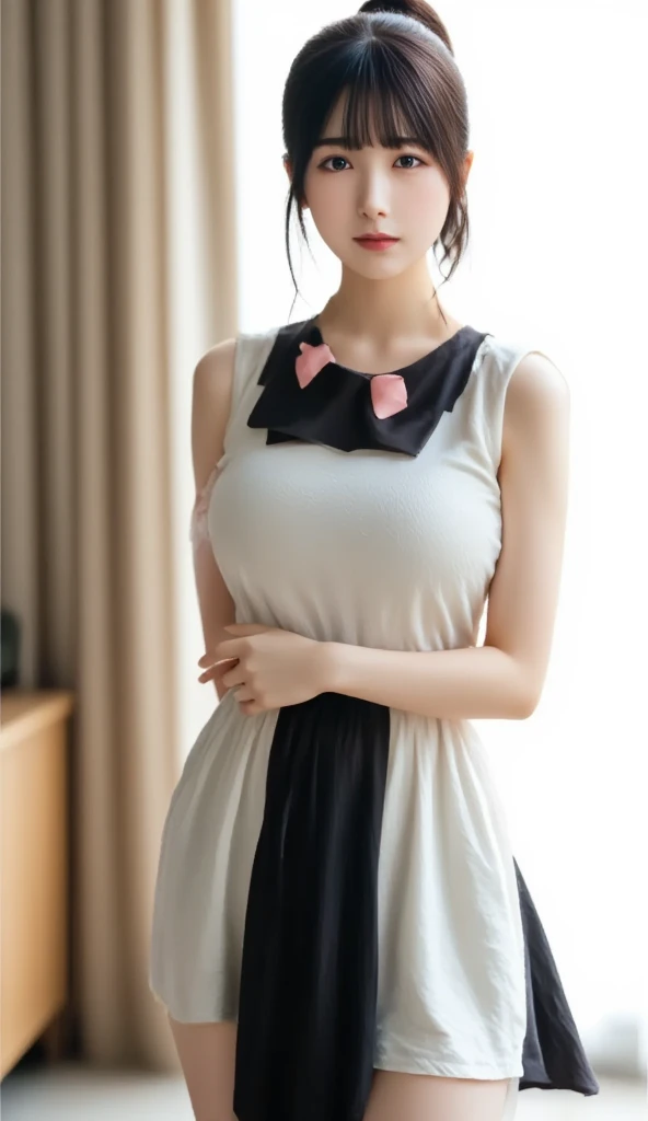 Cute girls、Close to human、18year old、bow ribbon、Raw photo、a miniskirt、A smile、Large breasts、Chest is open、Pink and white dress、long、bow ribbon、Cute shoes、Cute Socks、Looking at the camera、sexypose、