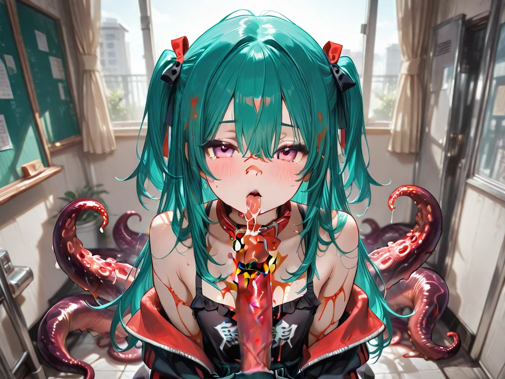 focus face, black hair, flesh meaty tentacle mask, (flesh mask), (tentacles coveting Lower half of face), monster tongue