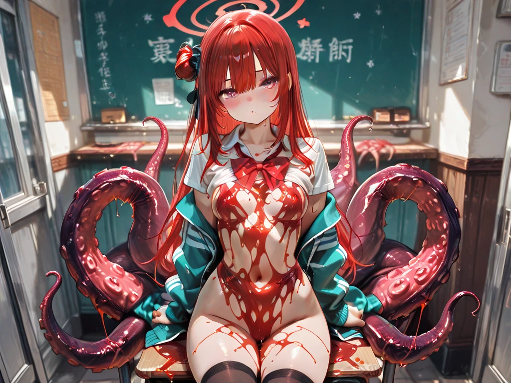 (((nsfw:1.3)))、(((Humiliation scene:1.8)))、highest quality、complete limbs、full finger、a beautiful human woman、(((red hair woman:1.3)))、medium hair woman、ponytail、big breasted woman、bare hands、bunny girl costume、(((A woman wearing a torn red bunny girl leotard:1.5)))、(((A woman wearing torn brown pantyhose:1.3)))、Red bow tie、Red Bunny Girl Katyusha、(((The woman is surrounded by countless red tentacles.)))、(((A tentacle penis is being penetrated hard into a woman's pussy:1.8)))、(((The woman is panting with her mouth open due to acme.:1.4)))、((The woman is crying with her mouth open in pleasure.:1.5))、Tentacles wrap around a woman's arms、The tentacles are wrapped around the woman's legs.、The tentacles are wrapped around the woman's body.:1.8、(((The woman's body is covered in semen:1.5)))、((A woman's pussy is attacked by tentacles and her body is pushed up.:1.8))、woman is on the verge of death