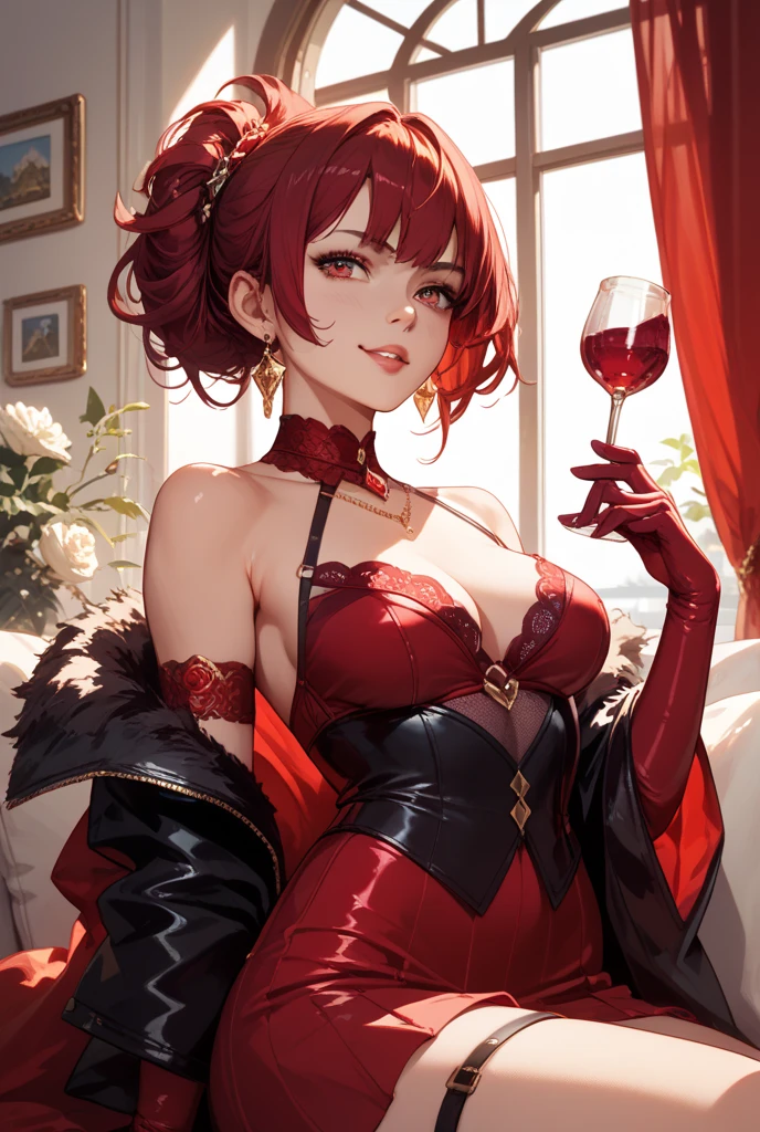 masterpiece, top-quality, ((1womanl)), different red color, finely eye and detailed face, intricate detailes, Casual black and red attire, window, A smile, Happiness, tenderness, high-level image quality、selfee, Beautuful Women、tall、a small face, D-cups, The upper part of the body、nightfall, nighttime scene、𝓡𝓸𝓶𝓪𝓷𝓽𝓲𝓬、Korea person, Idol Photos, Model photo, k pop, Professional Photos, Vampires, Korean fashion in black and red, Fedoman with necklace, inspired by Sim Sa-jeong, androgynous vampire, :9 detailed face: 8, extra detailed face, detailed punk hair, ((eyes are deialed)) baggy eyes, Seductive. Highly detailed, semi realistic anime, Vampires, hyperrealistic , Delicate androgynous princess, imvu, ((short hair woman)), red hair woman with wild look, ((Woman with short red hair)), ((1 persons)), sitting,