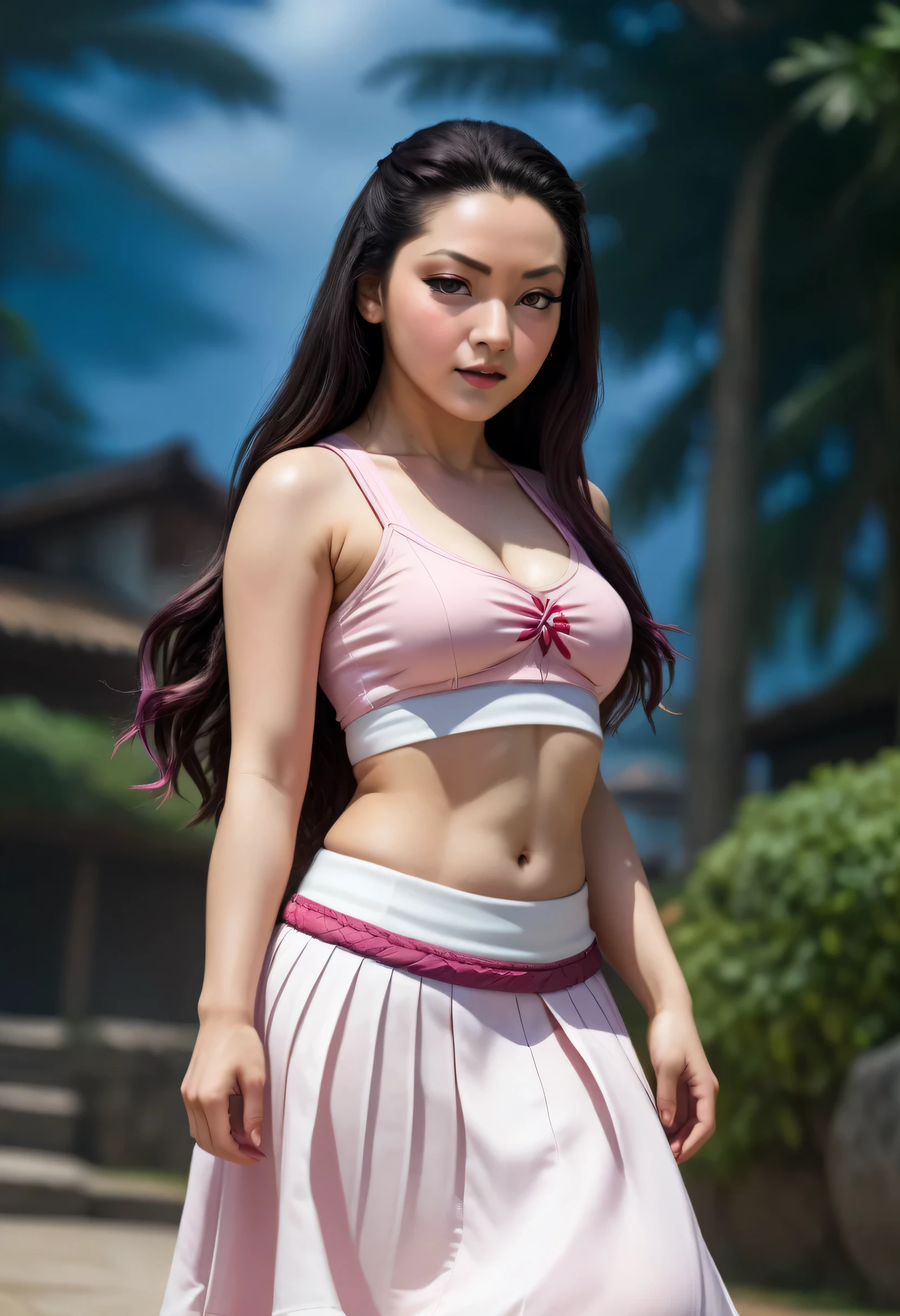 a close up of nezuko in a white skirt and pink top, sexy movie photo, her belly button is exposed, very seductive pose, navel, indian goddess, belly button showing, waist high, waist - shot, seductive pose, stylish pose, close body shot, tinyest midriff ever, stuning, very attractive and beautiful, beautiful midriff
