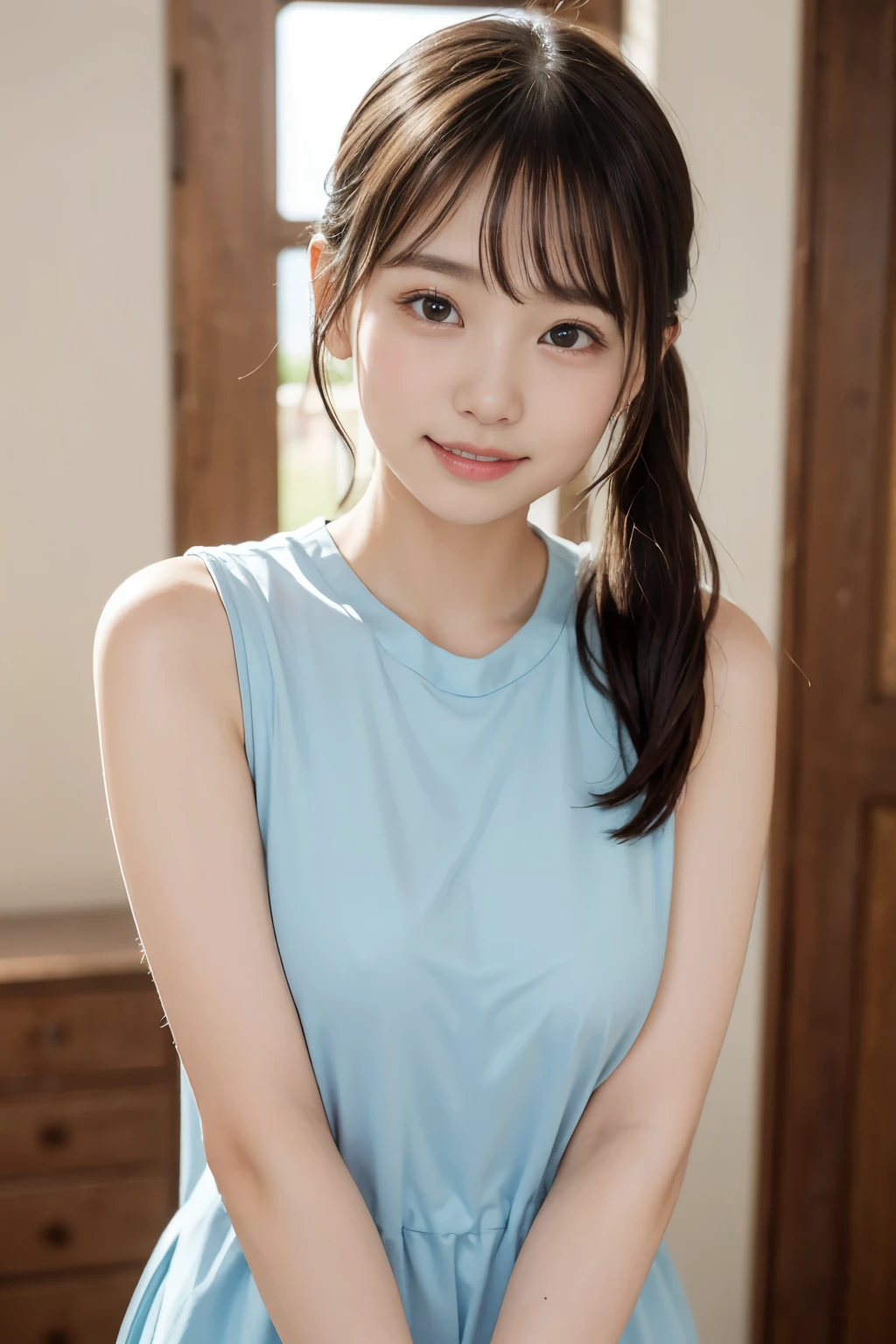 1girl in, (masutepiece:1.1), (Best Quality:1.1)、detailed photo、petite person、(Slimed、small tit、flat boobs、small tit)、sexy pose:1.2、Wet body、sodden、sexy pose、Wet body、sodden、A slender、From above、Delicate and sexy collarbone、16-year-old woman、(Navy Blue Sport Mini Dress)、Painted from head to knee、Show your teeth and laugh out loud