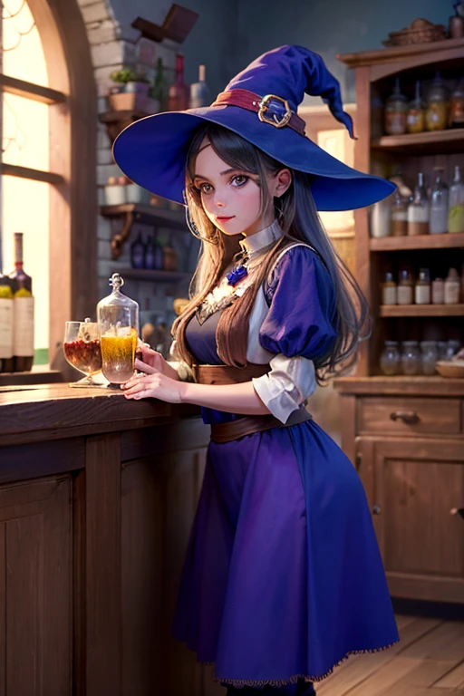 (ultra-detailed:1.2, masterpiece:1.2, best quality:1.2, highres:1.2), witch house, night, 1girl, mature body, tall, purple hair, wtich clothes, witch hat, purple fire on hand, brewing potions, glowing potions, cinematic lighting, chair behind