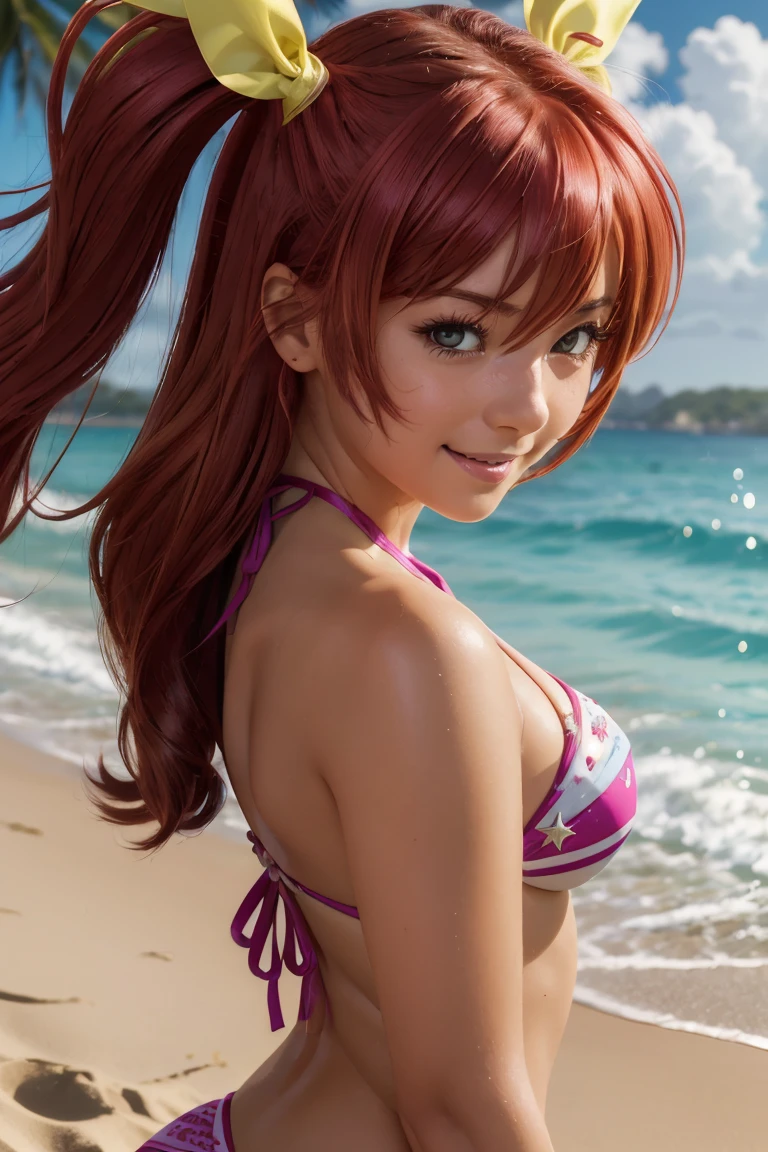 Super detailed, High resolution, beautiful face, 8K wallpaper combining high-definition CG, highly detailed cloth texture, one girl, cute, ((redhead、side ponytail、brown eyes: 1. 2)), ((slanted eyes:1.3)), plump breasts、shiny hair, thick bangs, ((a teasing smile: 1. 2)), (Synthetic Leather Sports Bikini: 1. 2), ((beach volleyball player))、((Beach volleyball court by the sea))、half off jacket、sweaty body、Squat down and spread your legs、full of sweat、ecstatic face、blush, ((open leg stretch、 spread your legs、show off your crotch))),