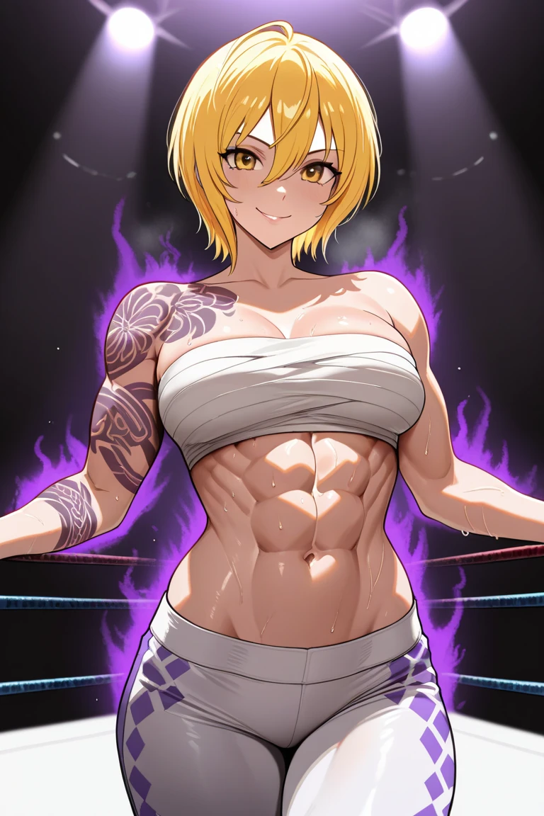 high quality, flexing, (darkskin thai boxer ladyboy), (detailed black eyes), (blond manish short hair), (muscle), naked, (dark shiny skin) (cum shot), (erected penis:1.2), (detailed puffy nipples:1.3), (nipple ring Pierces), looking at viewer, candle, dark dungeon, smirk,